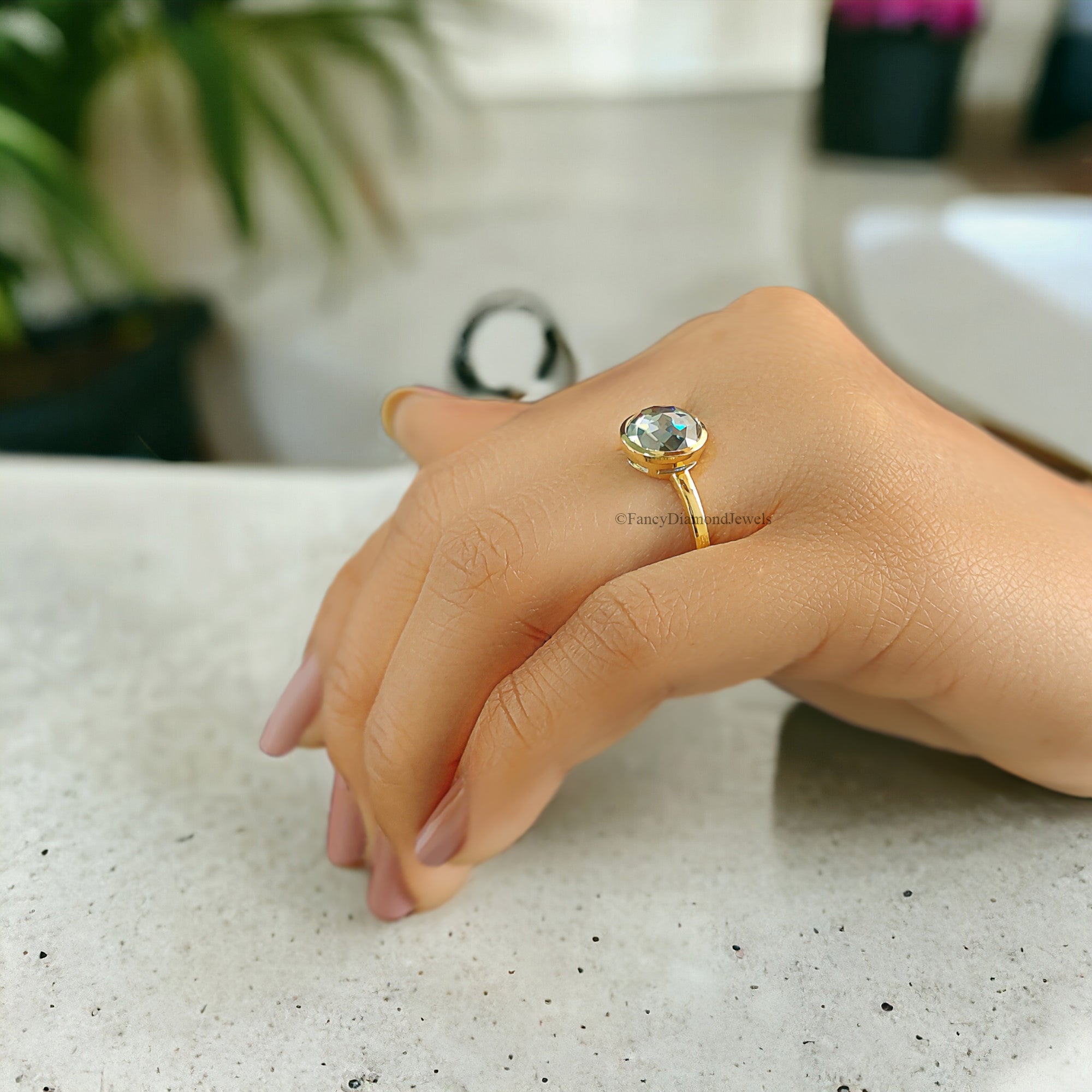 Round Rose Cut Moissanite Bezel Set Engagement Ring 2.35 ct Blue Green Moissanite Round Rose Cut Yellow Gold Silver Ring Gift For Her FD55