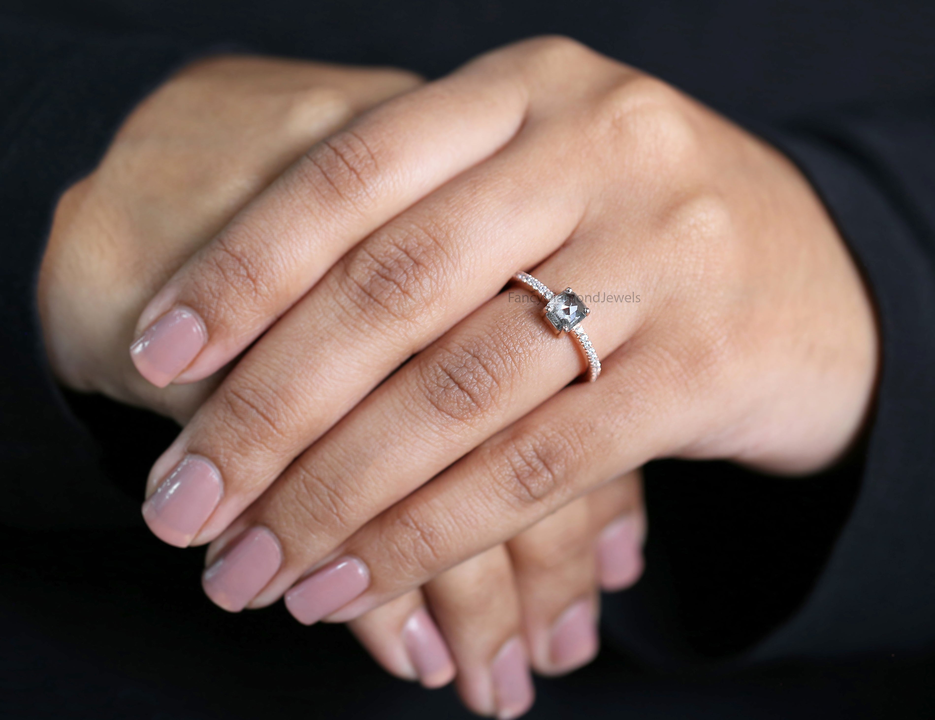 Emerald Cut Salt And Pepper Diamond Ring 1.05 Ct 5.60 MM Emerald Diamond Ring 14K Solid Rose Gold Silver Engagement Ring Gift For Her QL3062