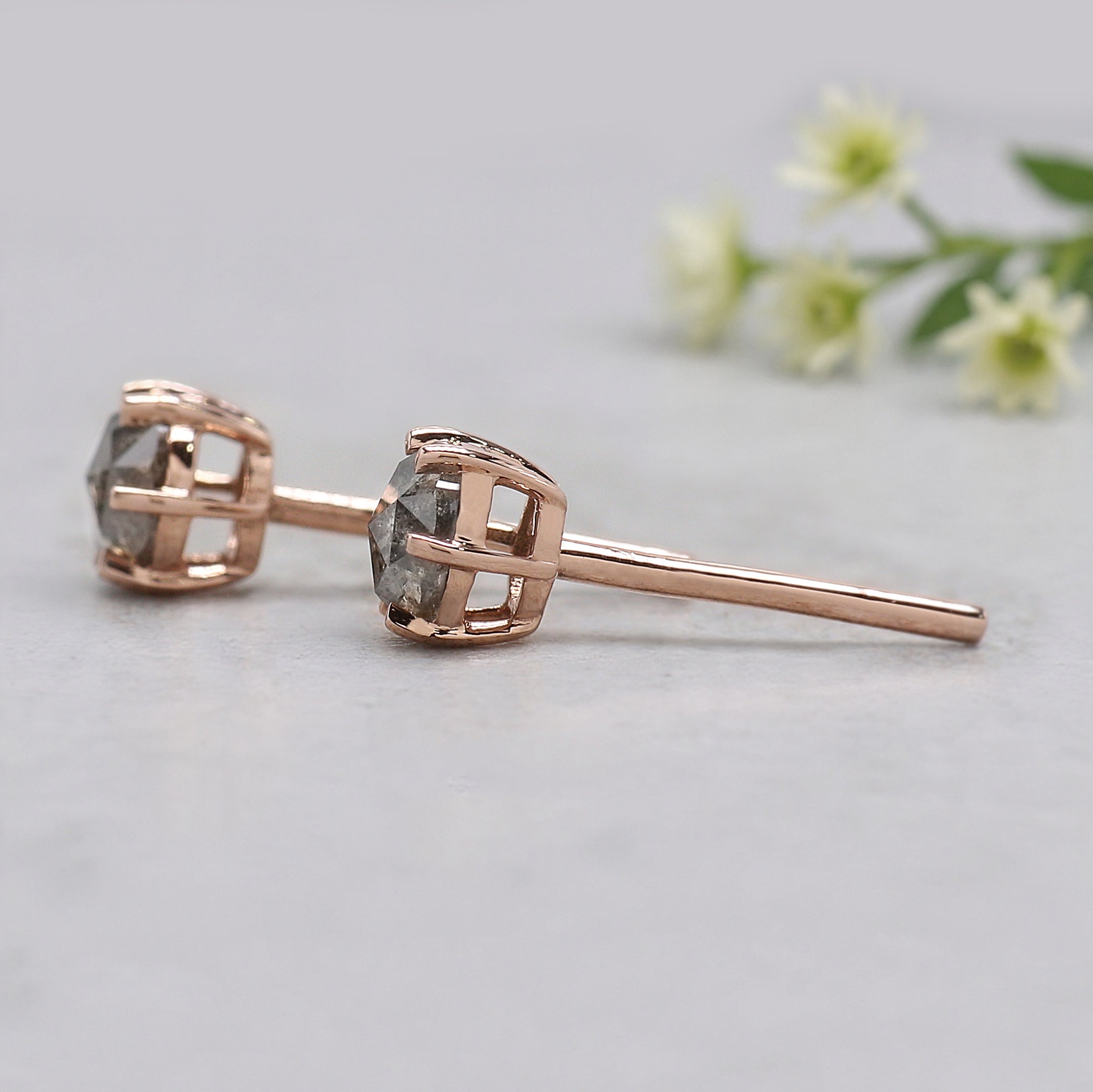 Round Rose Cut Salt And Pepper Diamond Earring 0.60 Ct 4.20 MM Round Diamond Earring 14K Solid Rose Gold Silver Earring Gift For Her KDN9314