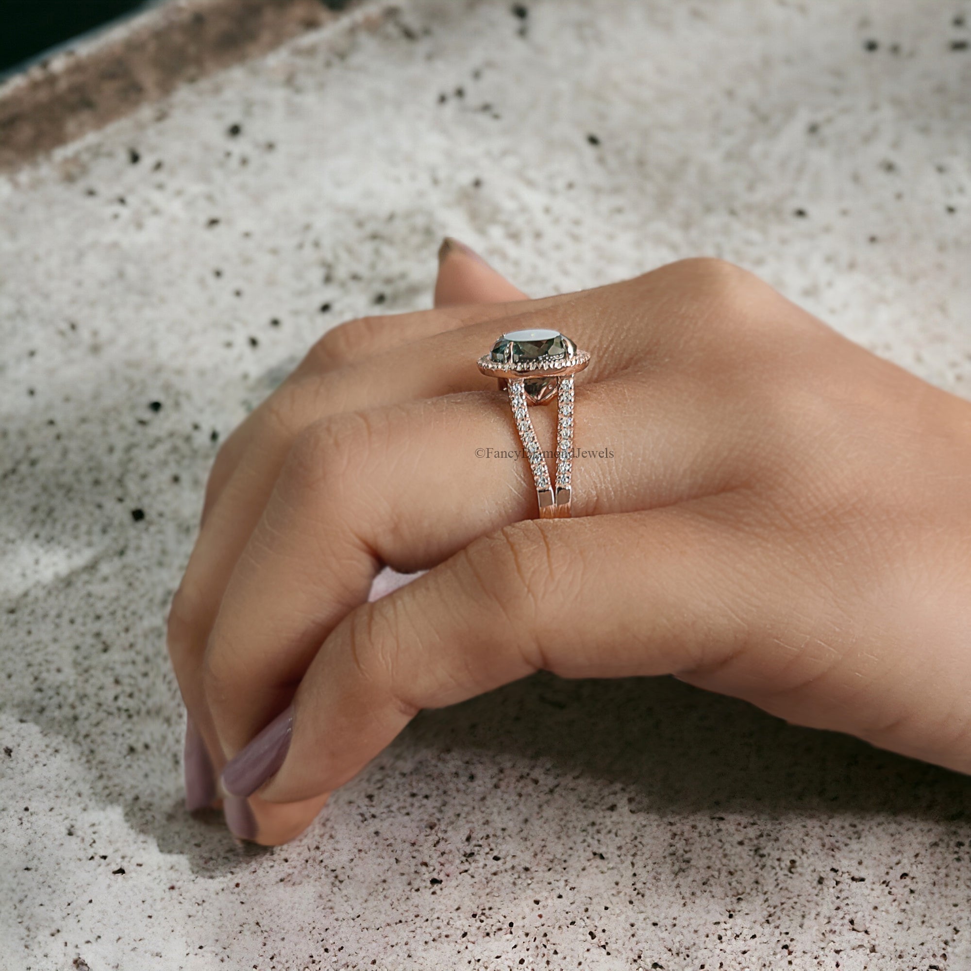 Cyan Blue Round Portuguese Cut Moissanite Ring - Rose Gold Halo Engagement Ring With Split Shank And Round Brilliant Cut Side Stones FD209