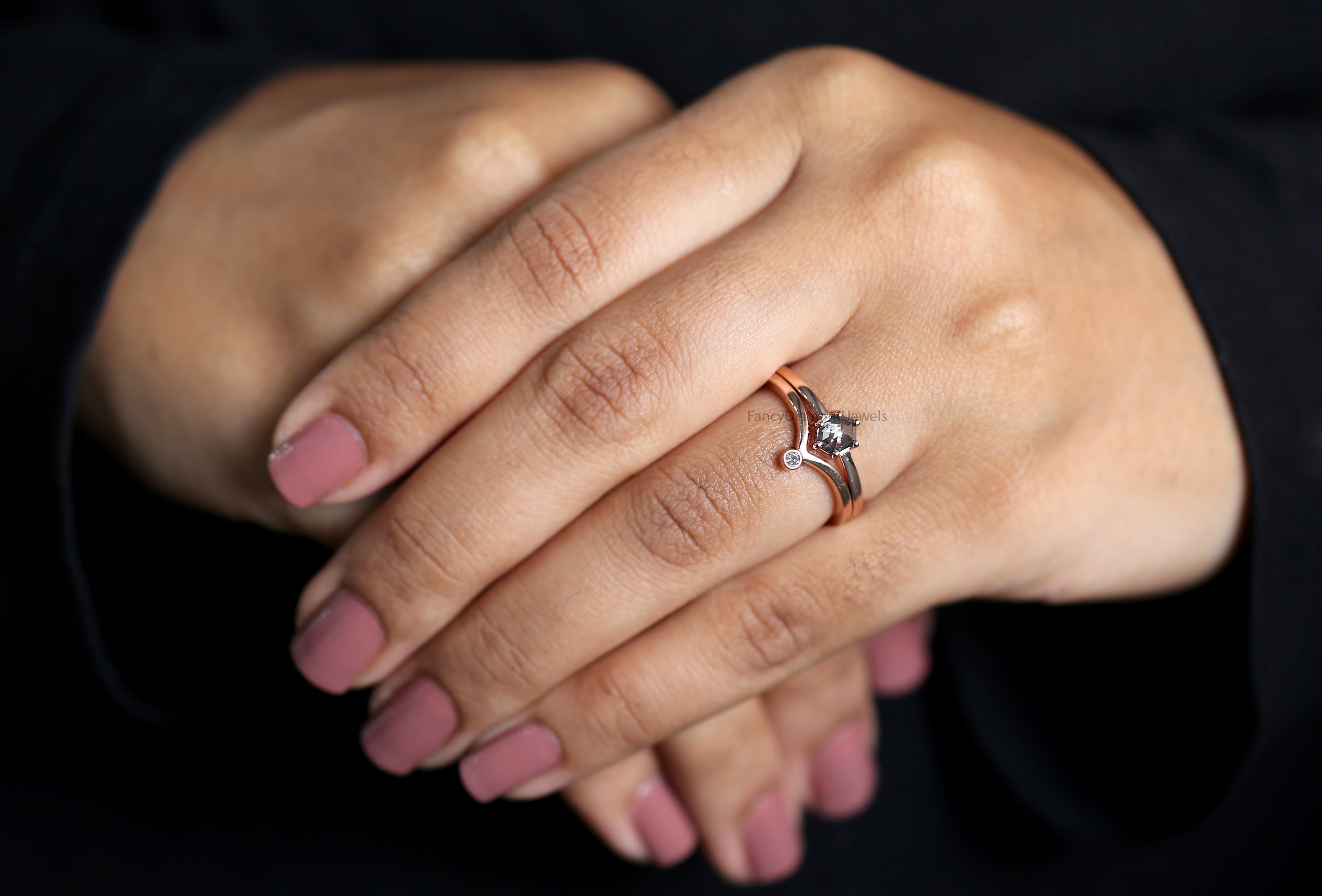 Hexagon salt and pepper Diamond Ring, Salt and pepper Hexagon Diamond Engagement Ring, Hexagon Diamond Ring, Hexagon Bridal Ring Set, KD1143