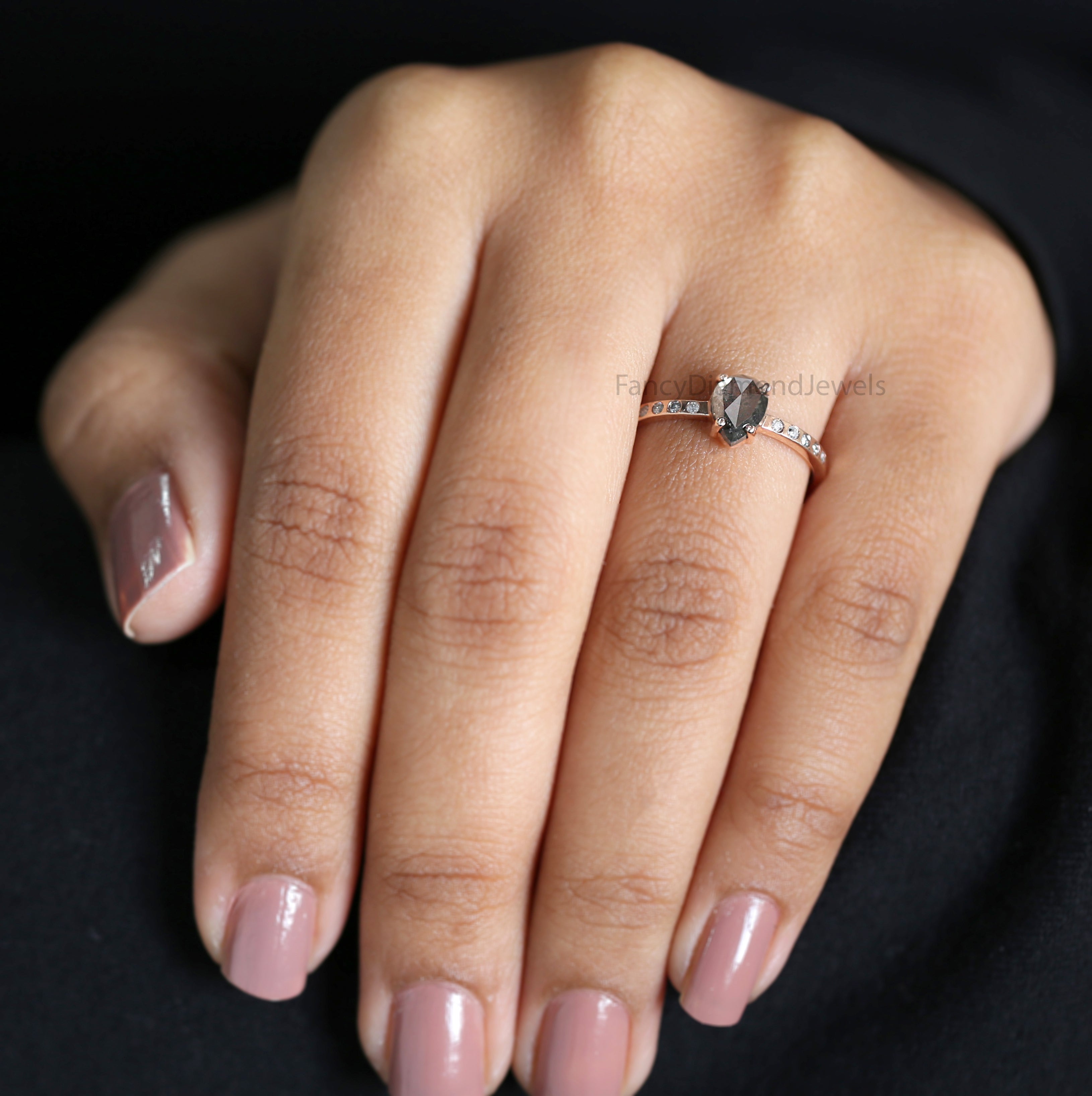 Pear Cut Salt And Pepper Diamond Ring 0.91 Ct 6.90 MM Pear Diamond Ring 14K Solid Rose Gold Silver Pear Engagement Ring Gift For Her QL3095