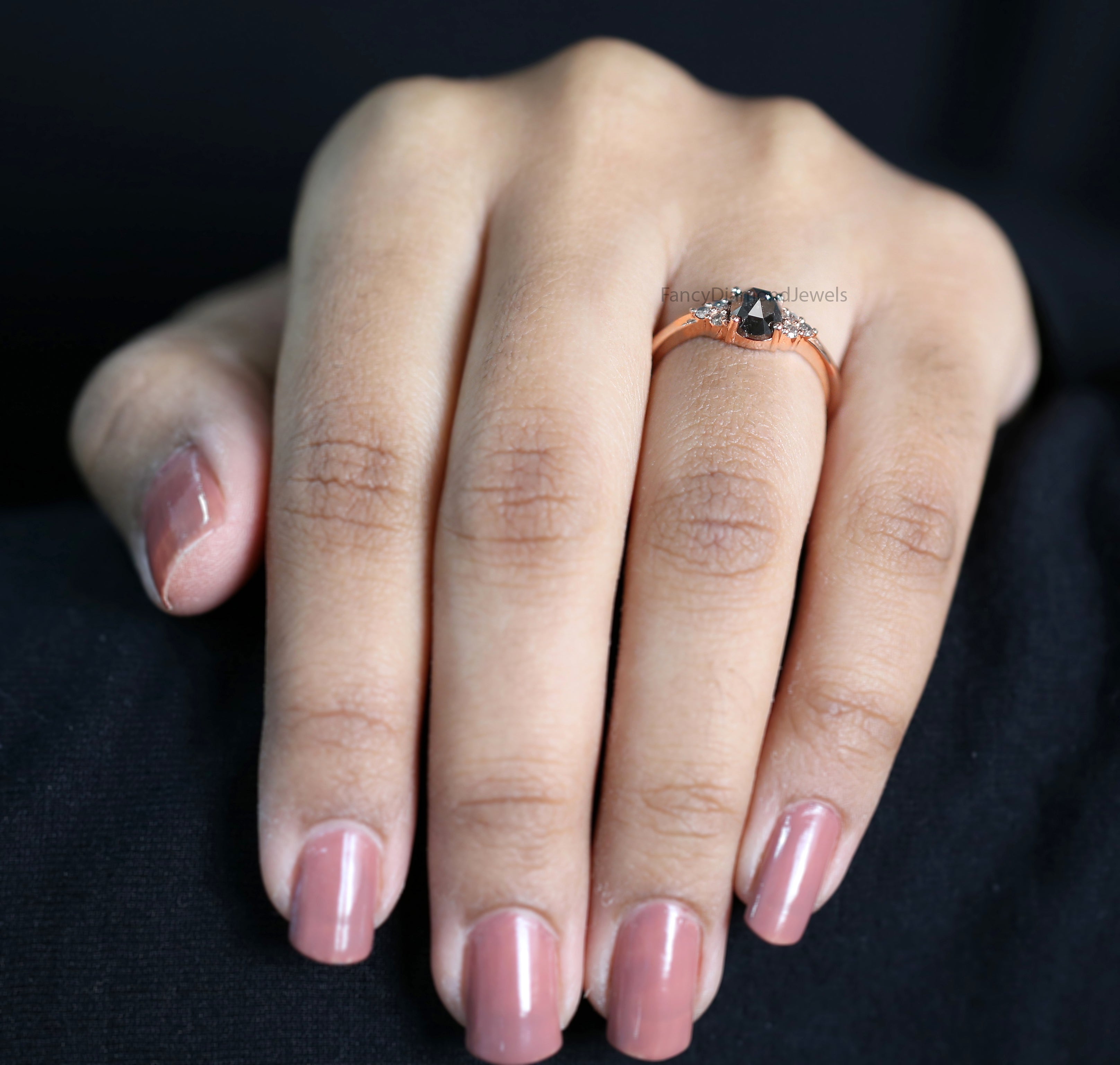 Oval Cut Salt And Pepper Diamond Ring 0.92 Ct 5.95 MM Oval Diamond Ring 14K Solid Rose Gold Silver Oval Engagement Ring Gift For Her QL3080