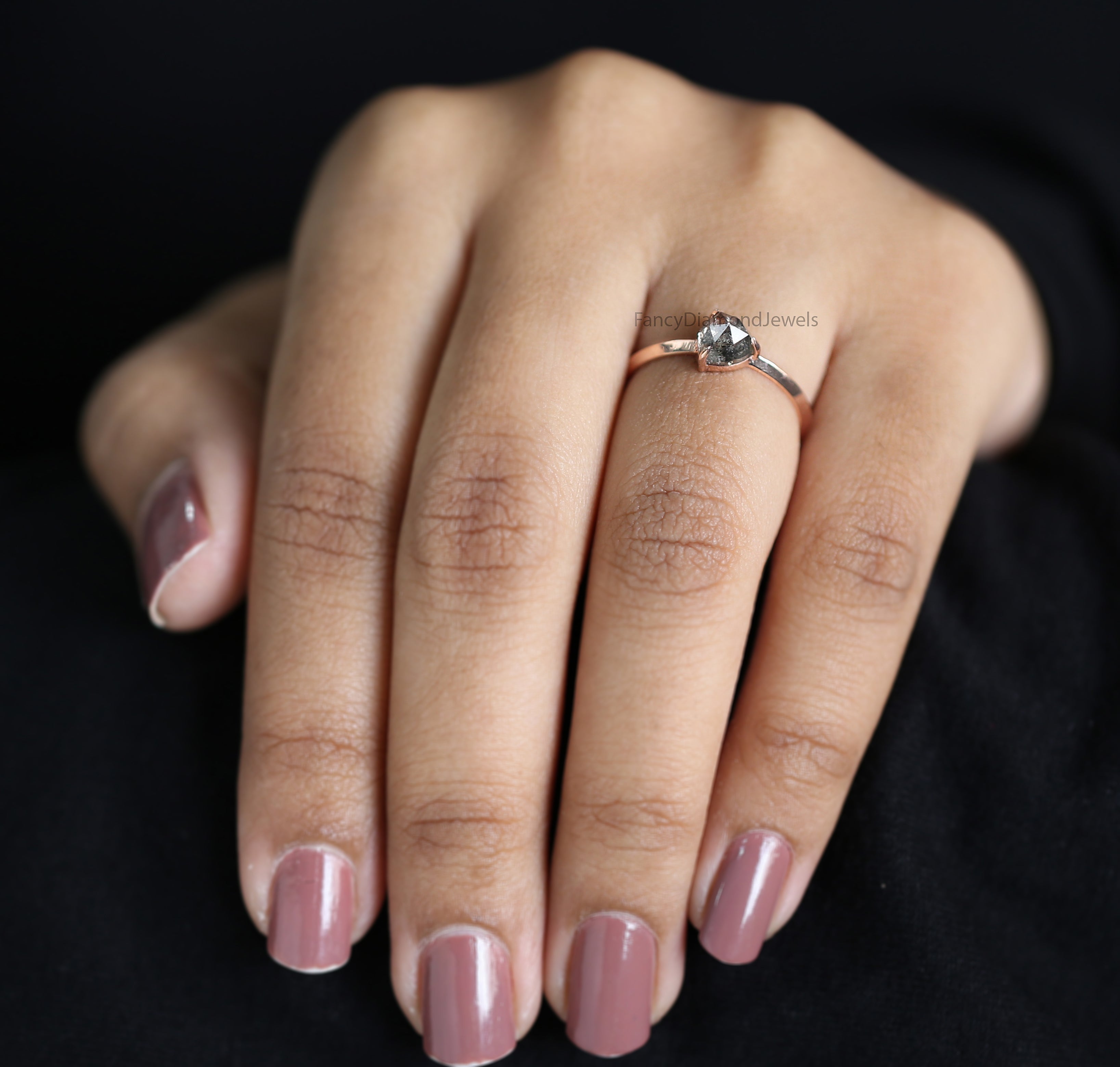 Triangle Salt And Pepper Diamond Ring 0.95 Ct 5.71 MM Triangle Diamond Ring 14K Solid Rose Gold Silver Engagement Ring Gift For Her QL3060