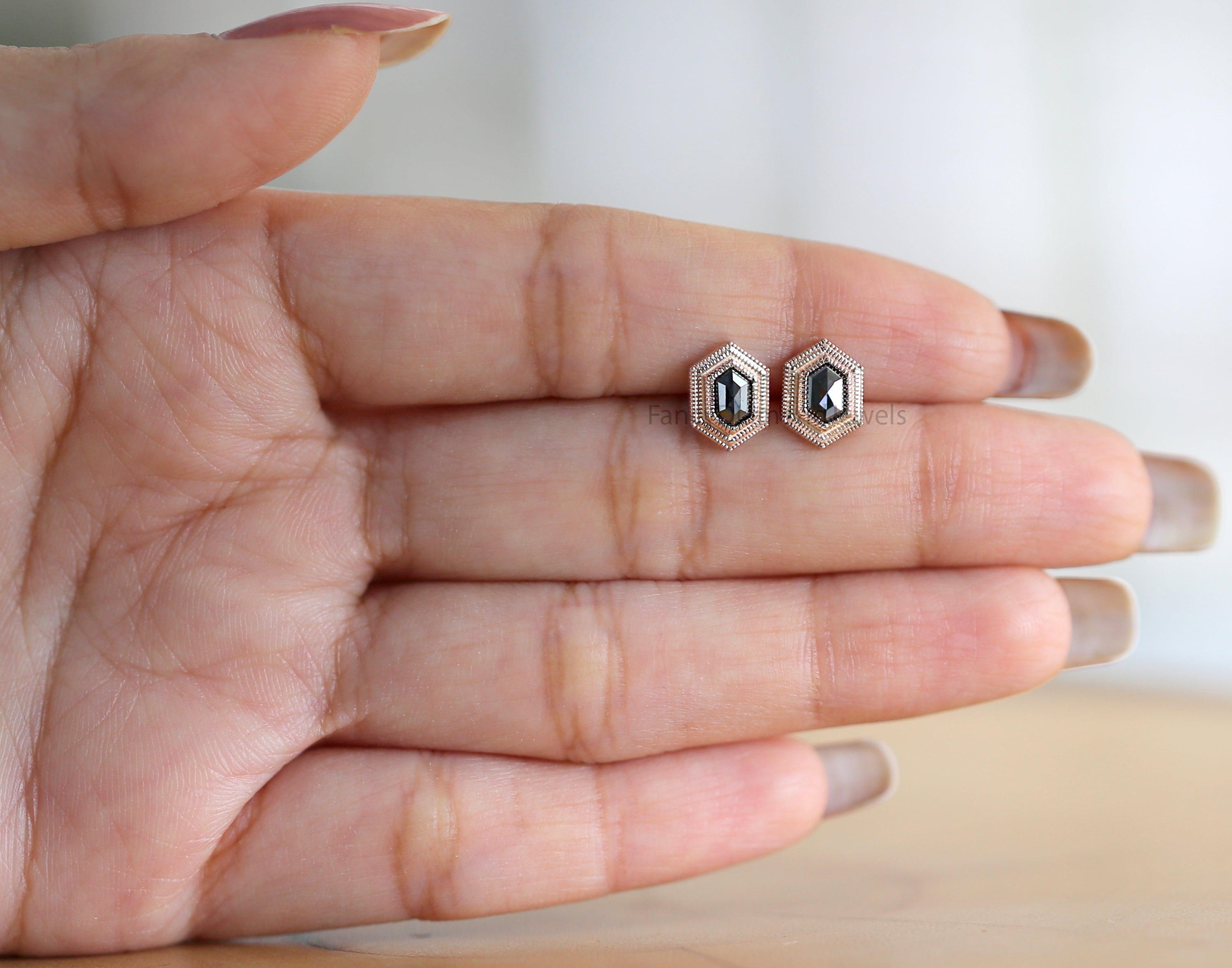 Hexagon Cut Black Diamond Earring 0.67 Ct 5.60 MM Hexagon Diamond Earring 14K Solid Rose Gold Silver Engagement Earring Gift For Her QL2740