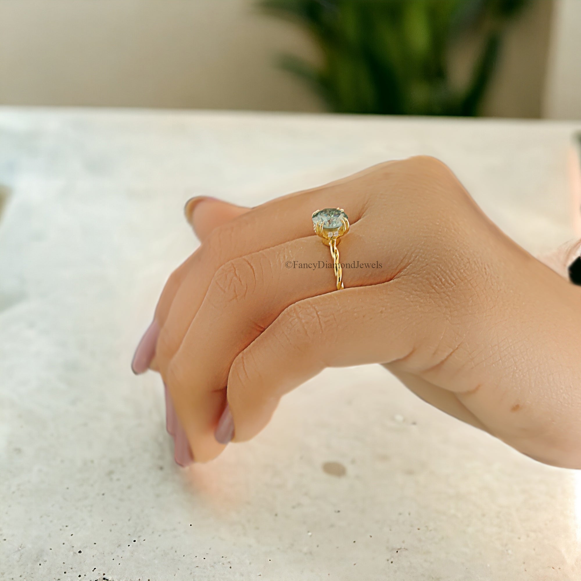 1.20 CT Round Brilliant Cut Cyan Blue Moissanite Engagement Ring Hidden Halo Double Claw Prong Twisted Shank Ring Anniversary Gift Ring FD50