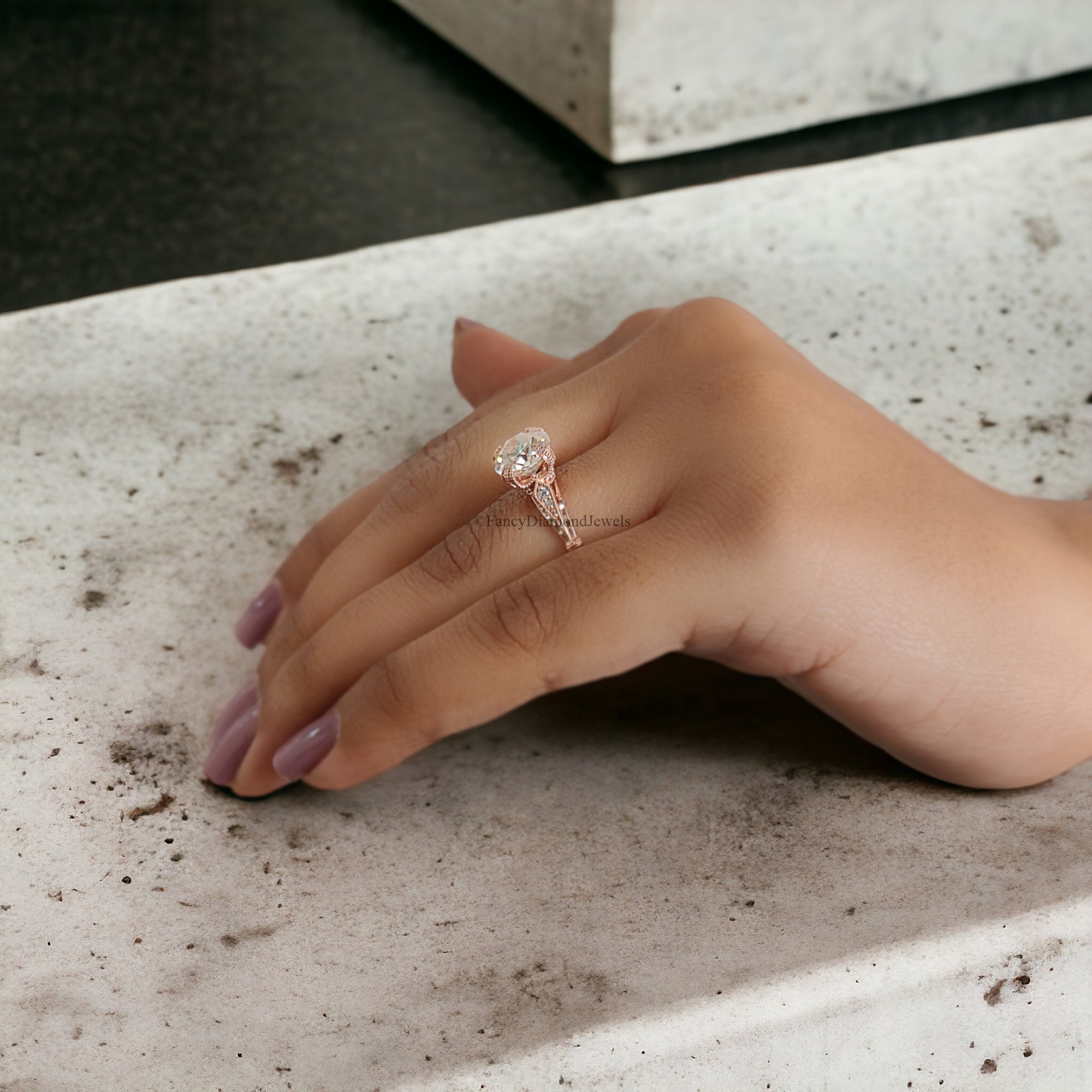 Old European Cut Engagement Ring Rose Gold Ring Round Moissanite Ring 2 CT Moissanite Milgrain Setting Ring Promise Ring For Her FD270