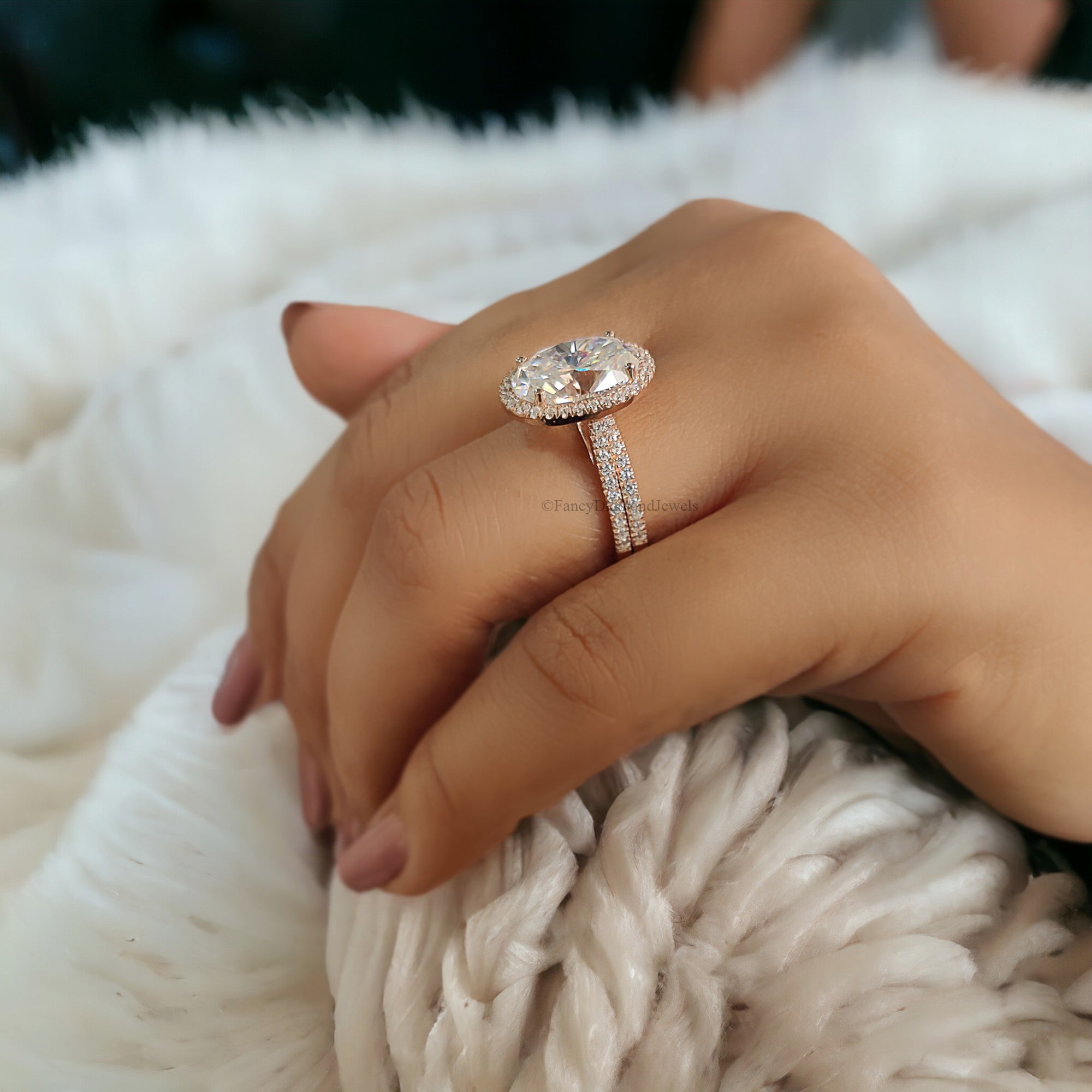 Oval Moissanite Engagement Ring Rose Gold Moissanite And Diamond Halo Ring Diamond Half Eternity Band Moissanite Bridal Ring Set FD134