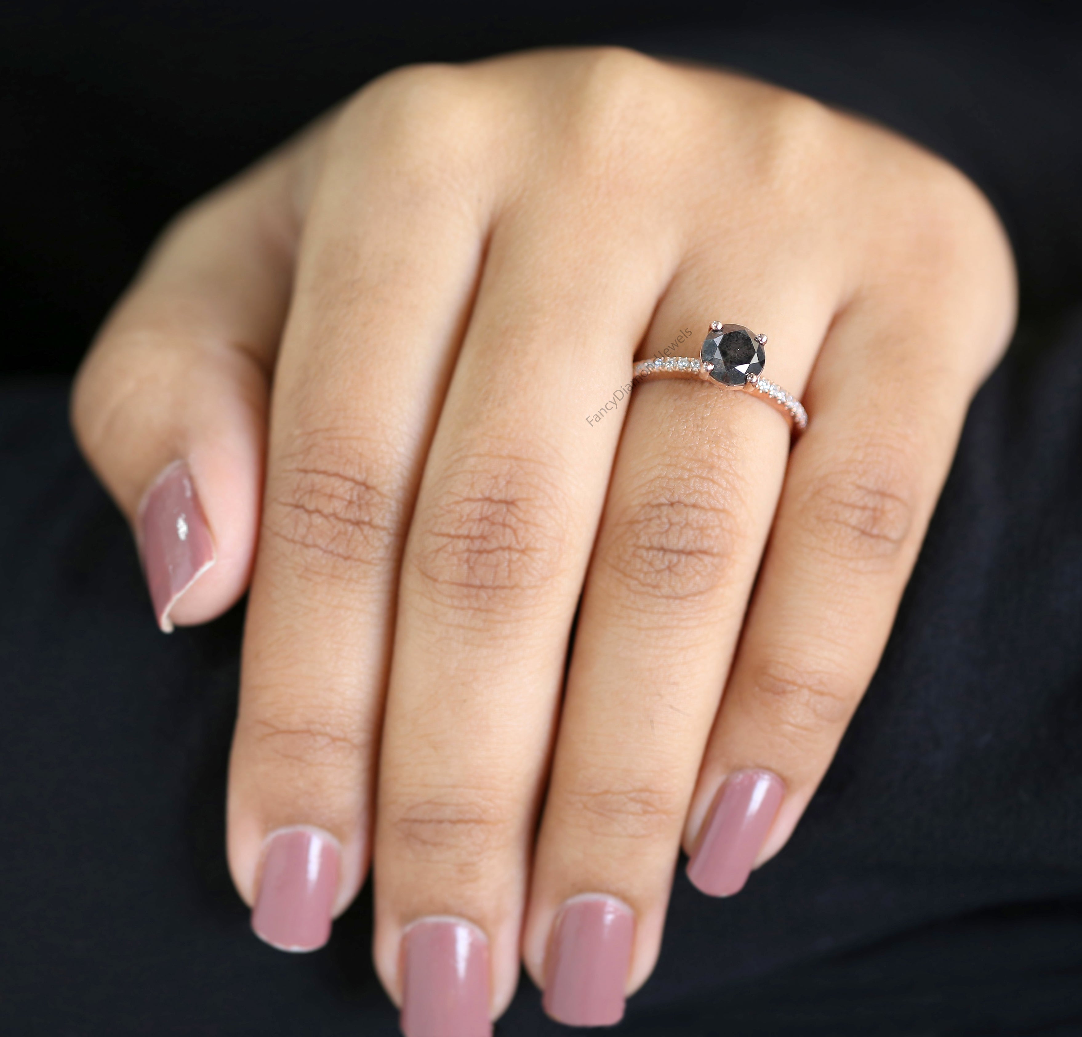 Round Cut Salt And Pepper Diamond Ring 1.25 Ct 6.40 MM Round Diamond Ring 14K Solid Rose Gold Silver Engagement Ring Gift For Her QL8301