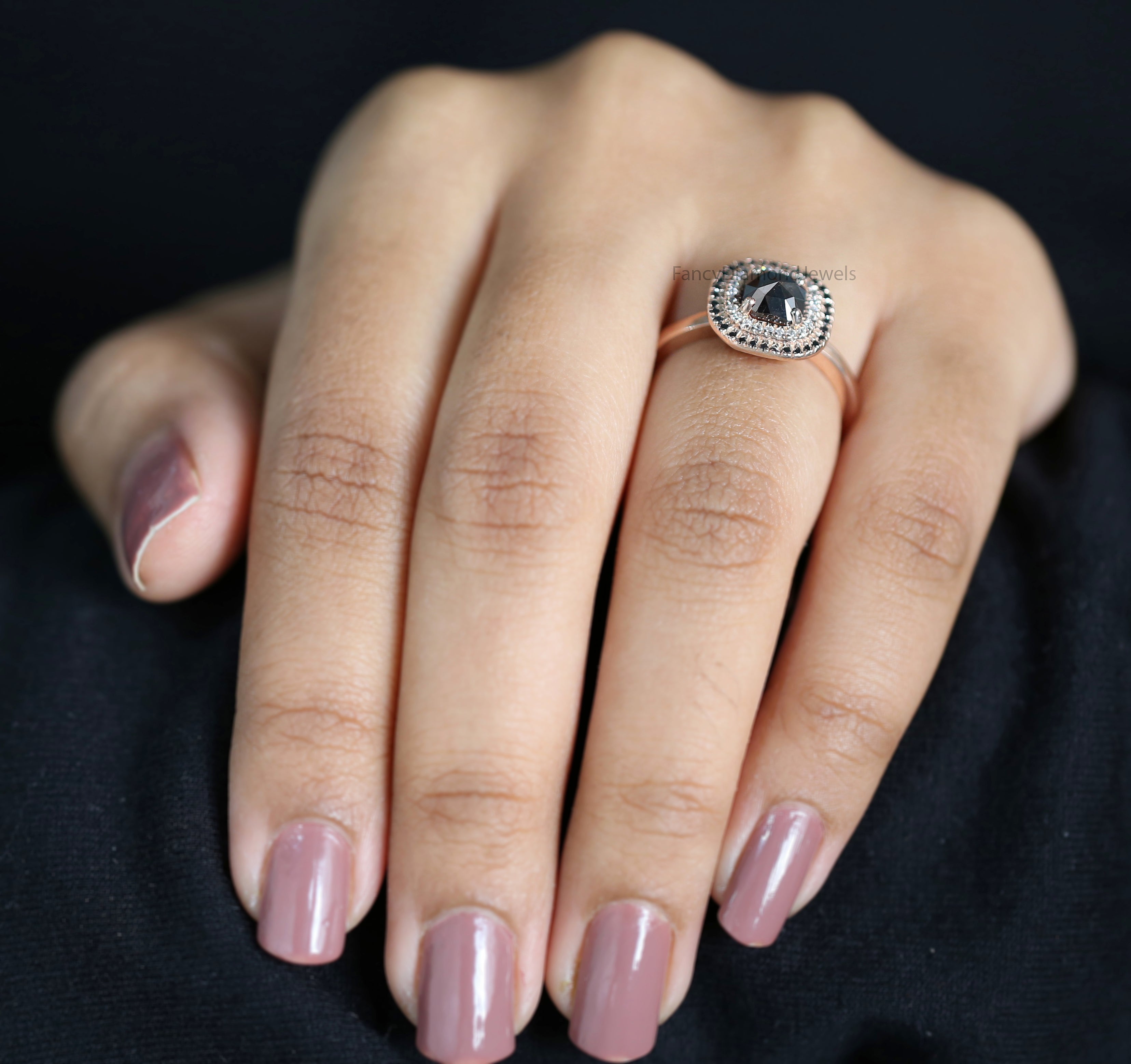 Cushion Shape Black Color Diamond Ring 1.02 Ct 5.80 MM Cushion Diamond Ring 14K Solid Rose Gold Silver Engagement Ring Gift For Her QN2518