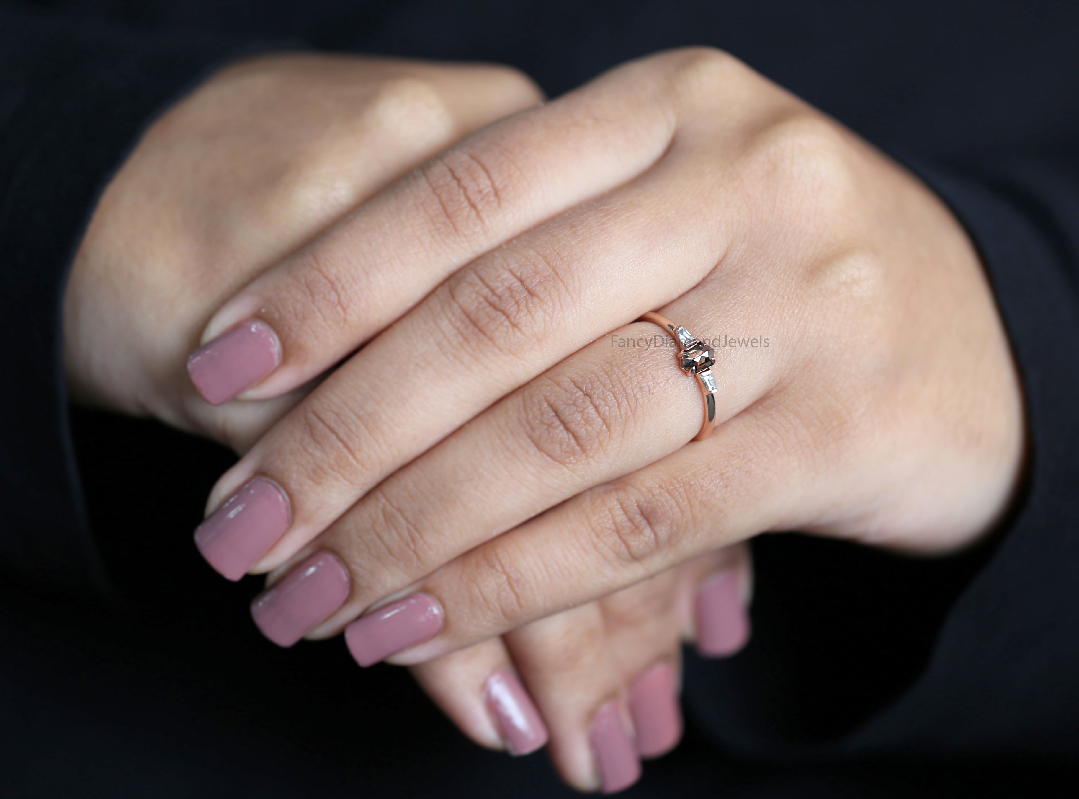 Hexagon Cut Brown Color Diamond Ring 0.37 Ct 5.30 MM Hexagon Shape Diamond Ring 14K Rose Gold Silver Engagement Ring Gift For Her QK2317