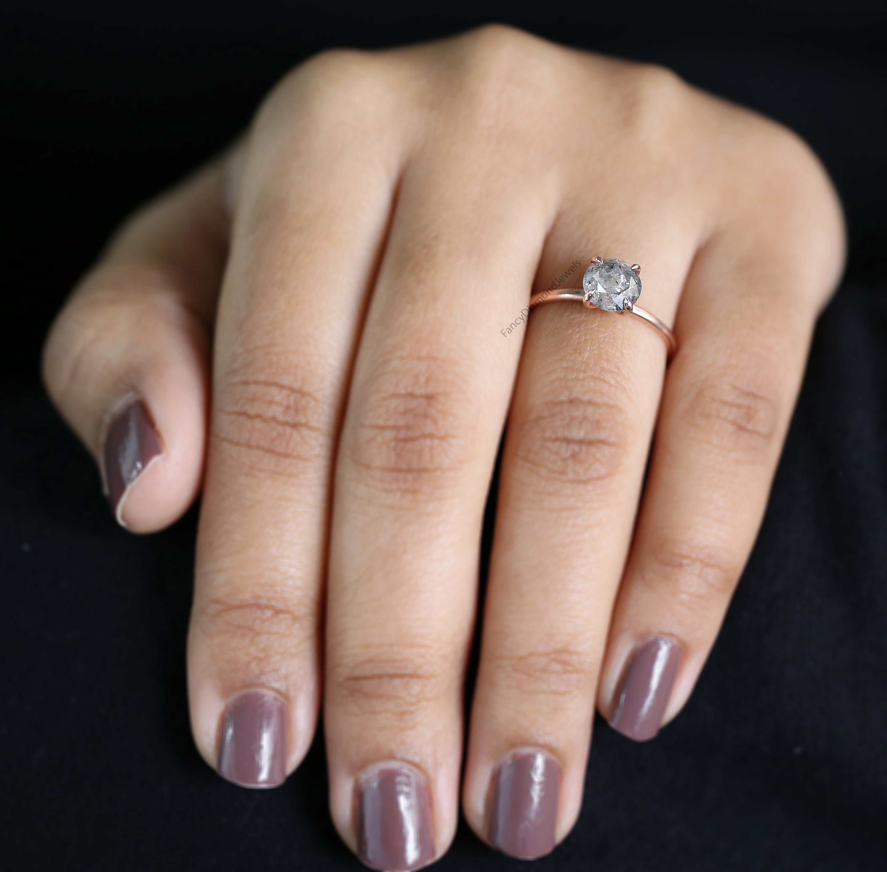 Round Cut Salt And Pepper Diamond Ring 1.31 Ct 6.76 MM Round Diamond Ring 14K Solid Rose Gold Silver Engagement Ring Gift For Her QL2032