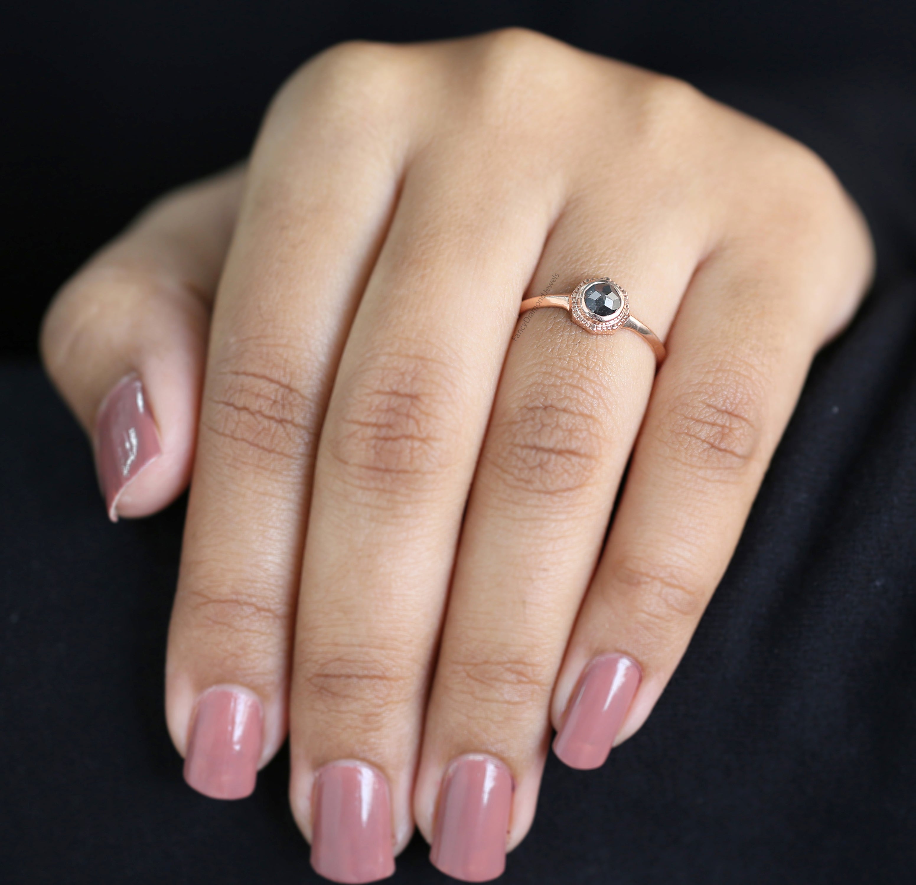 Round Rose Cut Salt And Pepper Diamond Ring, Salt And Pepper Rose Cut Diamond Engagement Ring, Rose Diamond Ring, Round Shape Ring KD1217