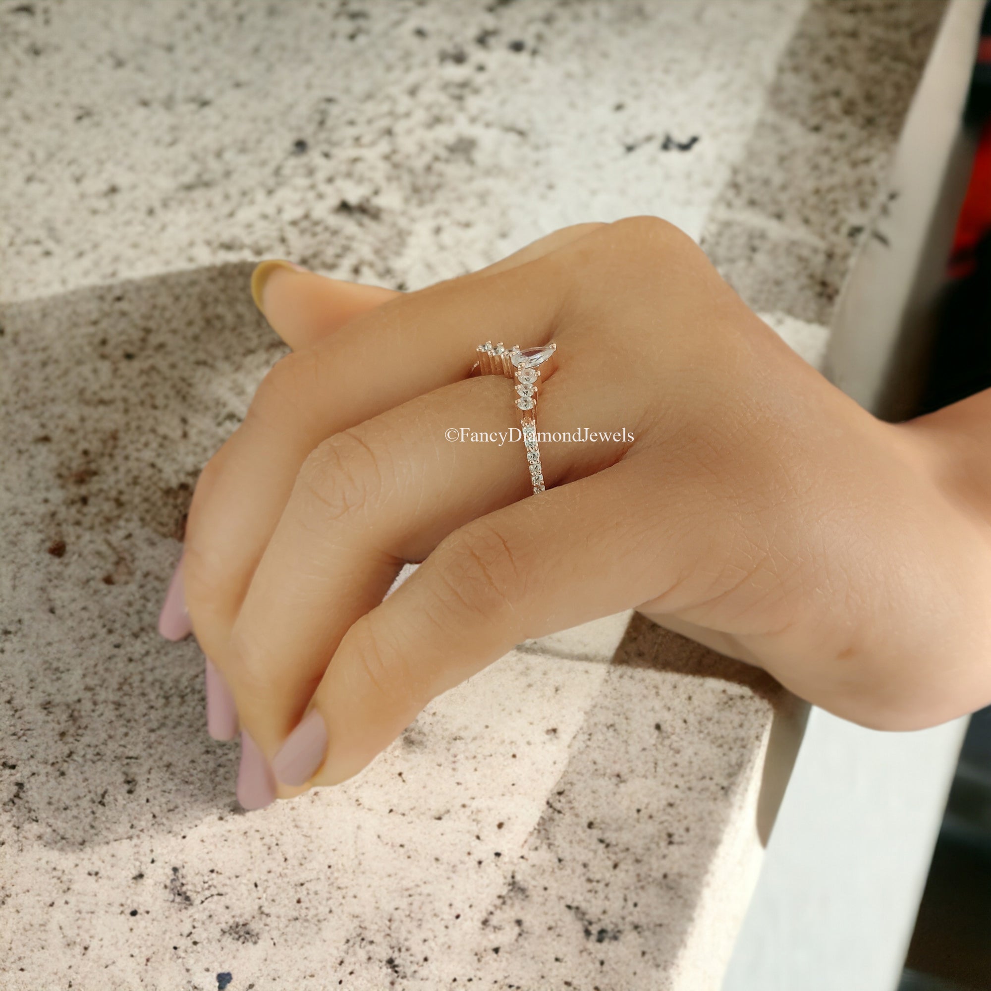 Curved wedding band Antique Pear cut Moissanite ring Rose Gold Unique Matching ring Half eternity Anniversary Stacking dainty band FD63