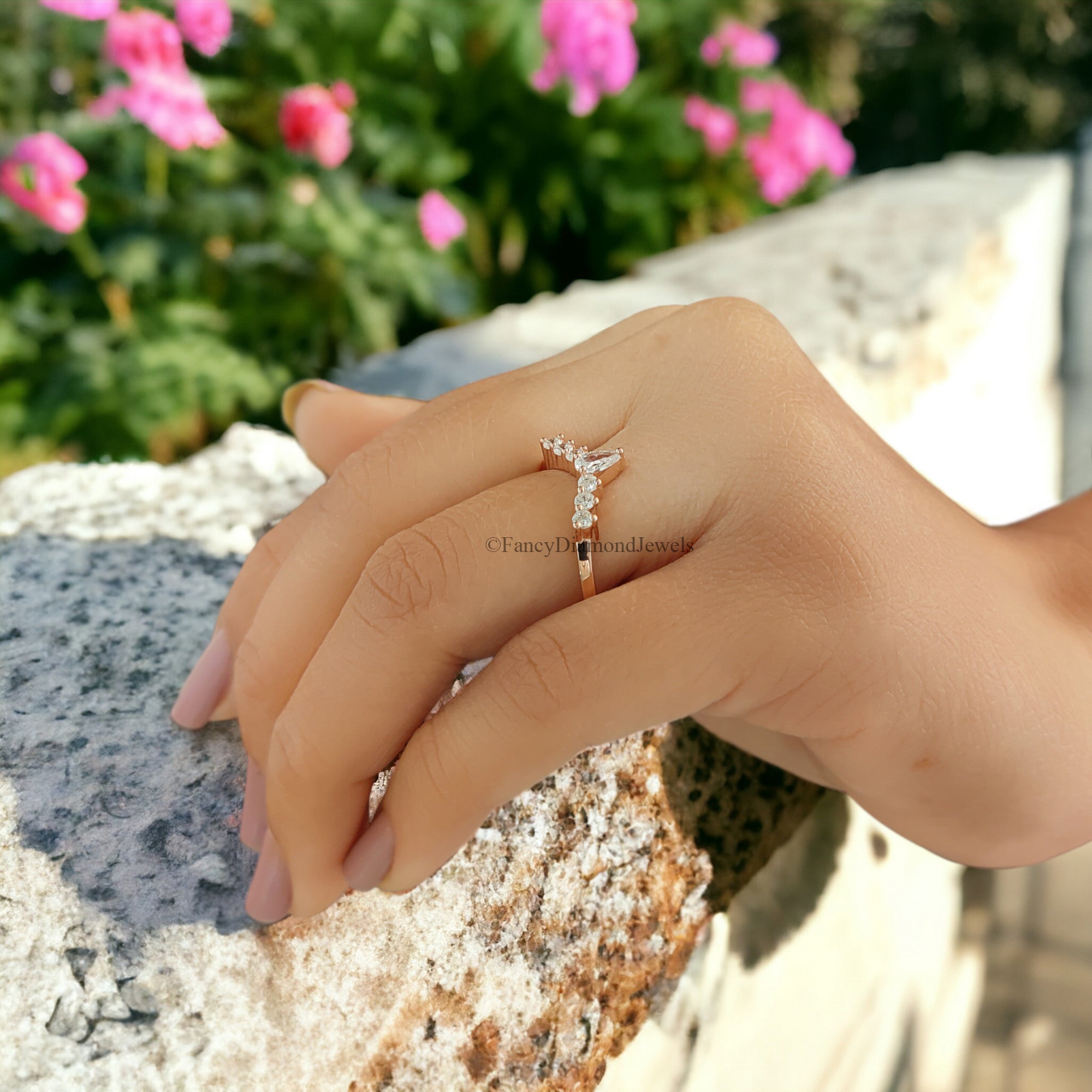 Curved Wedding Band Antique Moissanite Ring Pear cut Moissanite Wedding Band Rose Gold Unique Matching ring Anniversary dainty band FD60