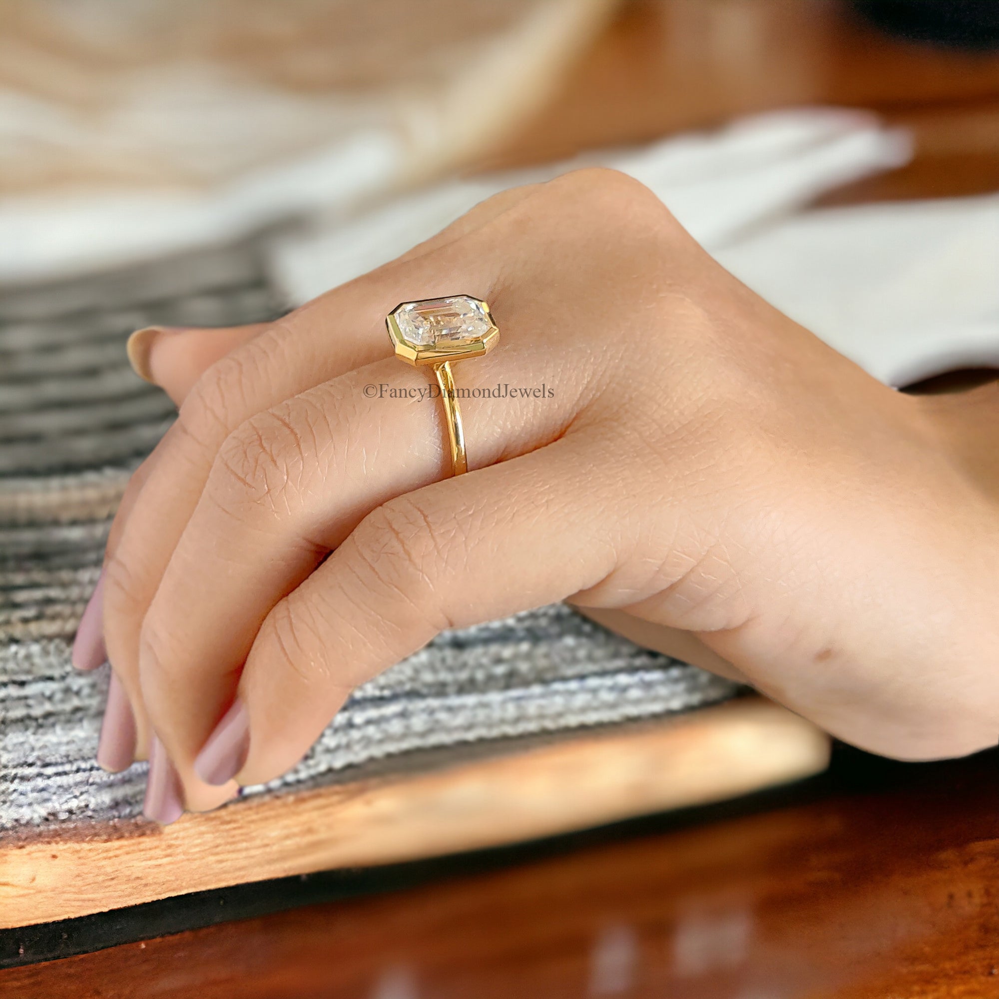 2.5 CT Emerald Cut Moissanite Solitaire Ring 14K Yellow Gold Engagement Ring Bezel Setting Statement Ring Gift For Her Anniversary Ring FD48