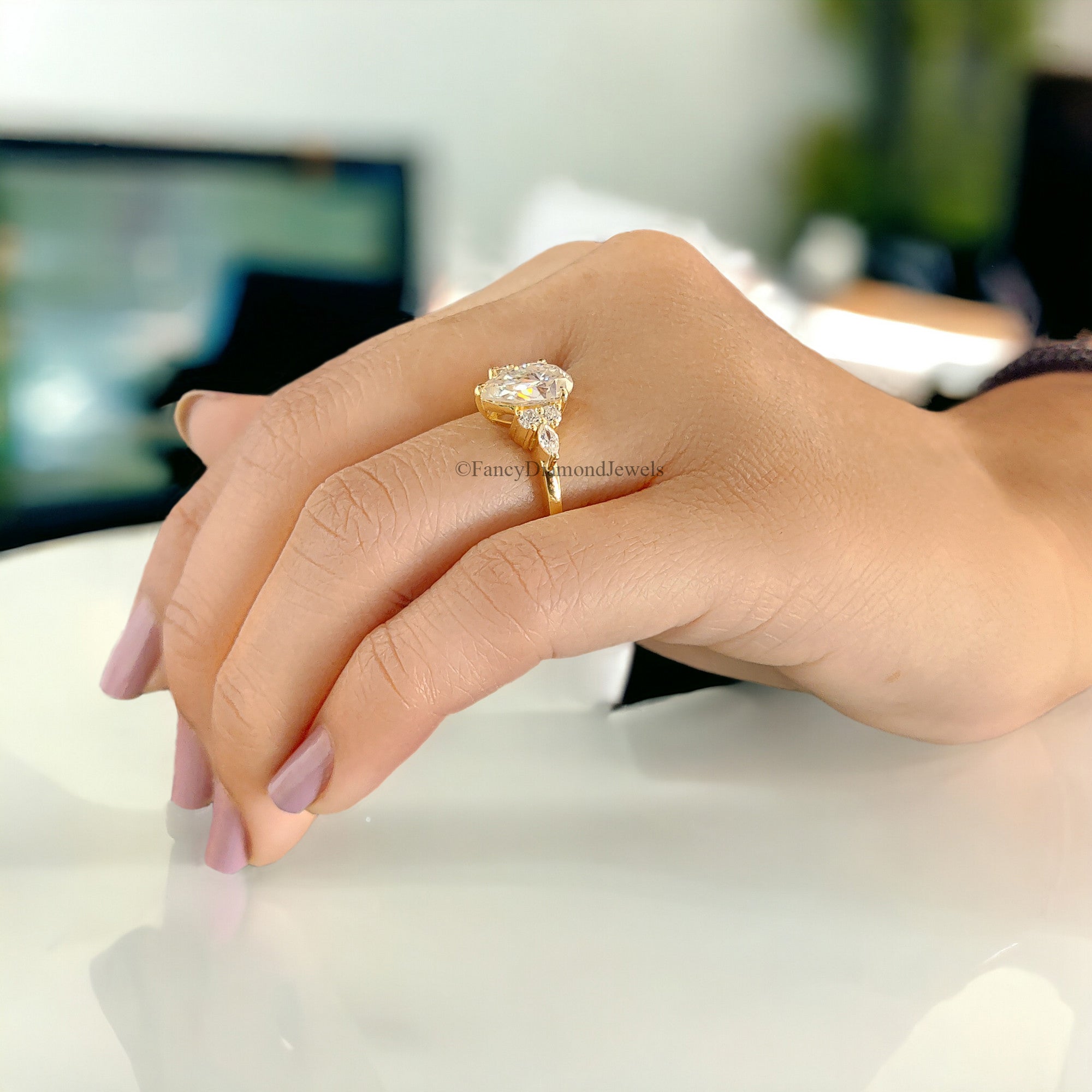 Tear Drop Wedding Ring Moissanite Engagement Ring Pear Shape Art Deco Wedding Ring Plain Gold Ring For Women Promise Moissanite Ring FD54