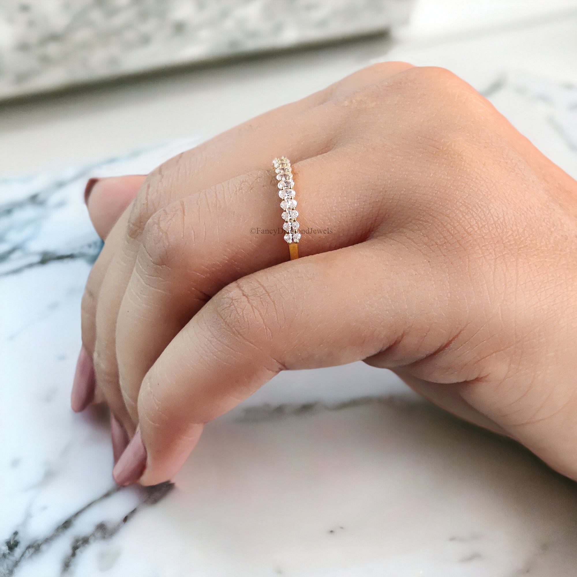 Oval cut Moissanite wedding band women yellow gold Unique Half eternity wedding band vintage Stacking Matching bridal gift for her FD131