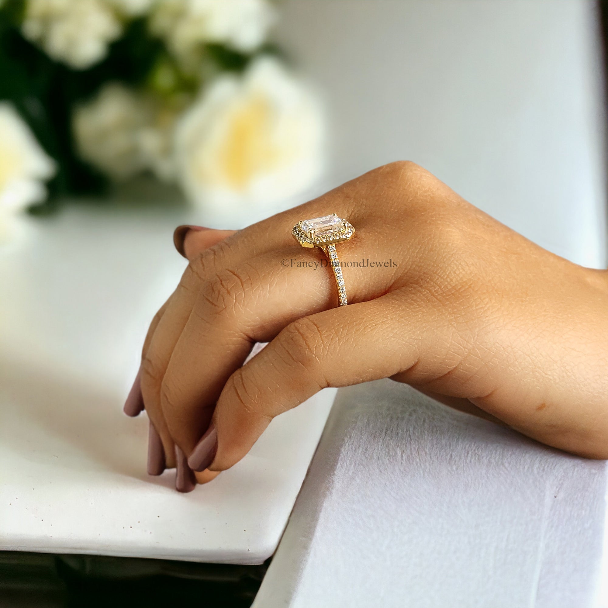 1.5 CT Emerald Cut Moissanite Solitaire Ring 14K Yellow Gold Engagement Ring Halo Setting Statement Ring Gift For Her Anniversary Ring FD89