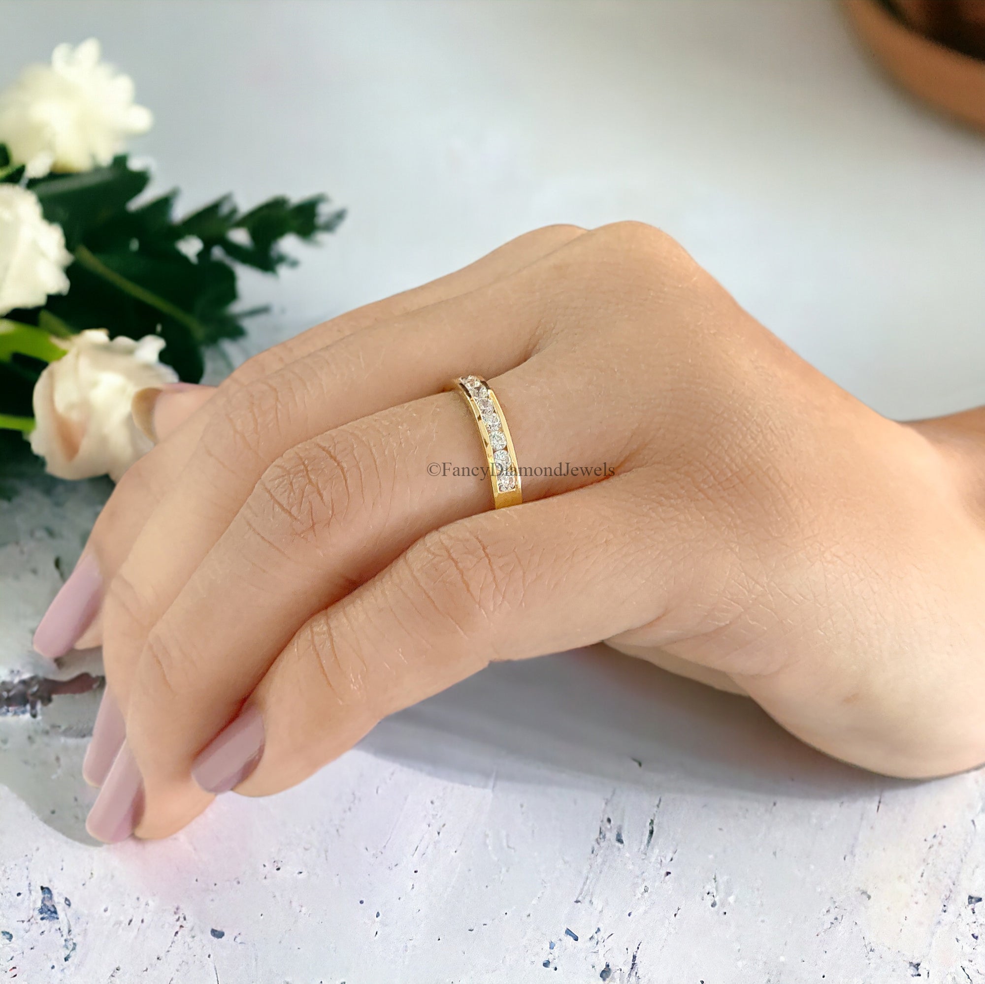 Stunning Round Cut Moissanite Wedding Band In Channel Setting Half Eternity Style Wedding Band Anniversary Gift for Her Bridal Band FD46