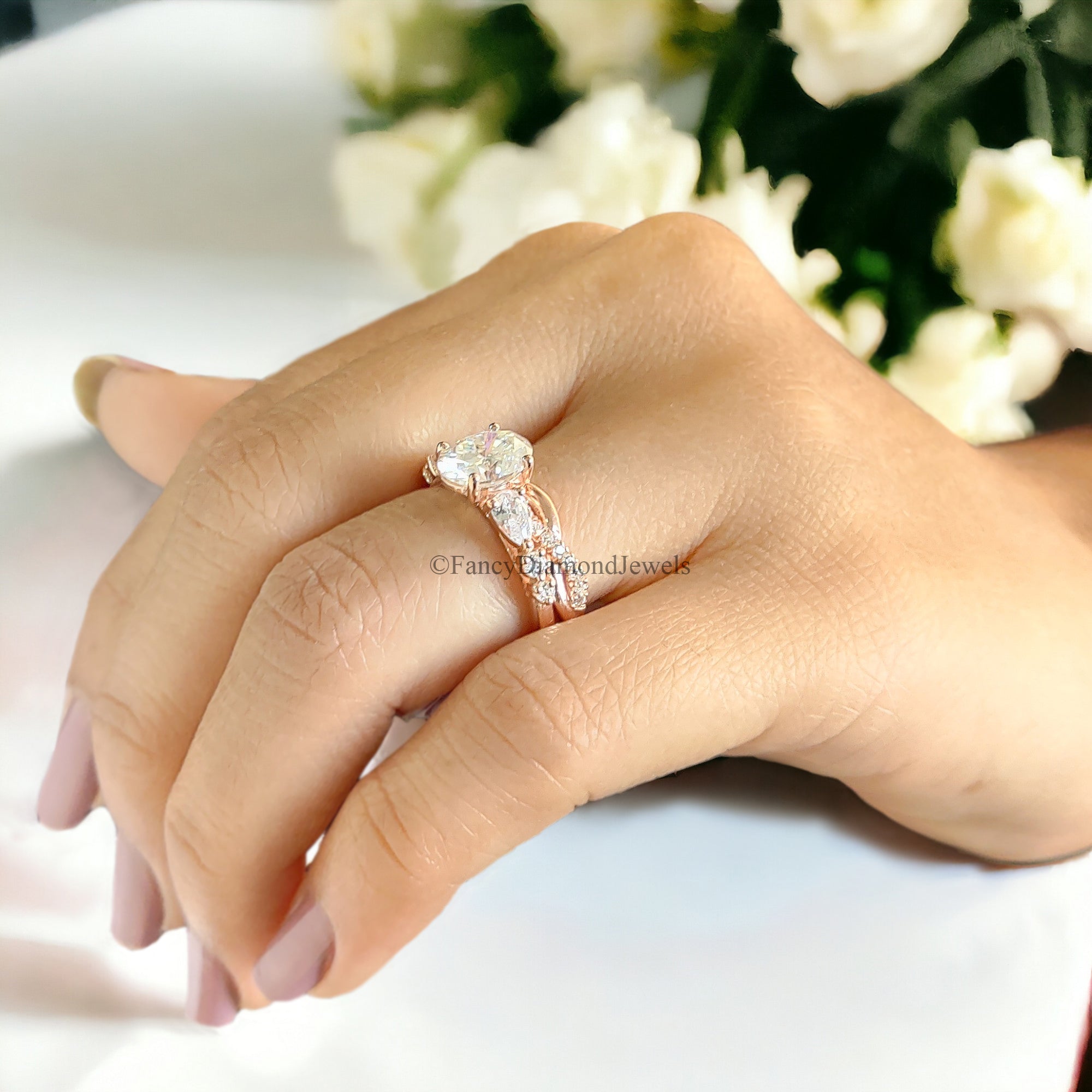 Oval cut Moissanite Engagement ring set Vintage Moissanite ring Rose Gold Curved Diamond ring Twisted band Bridal set Promise ring FD45