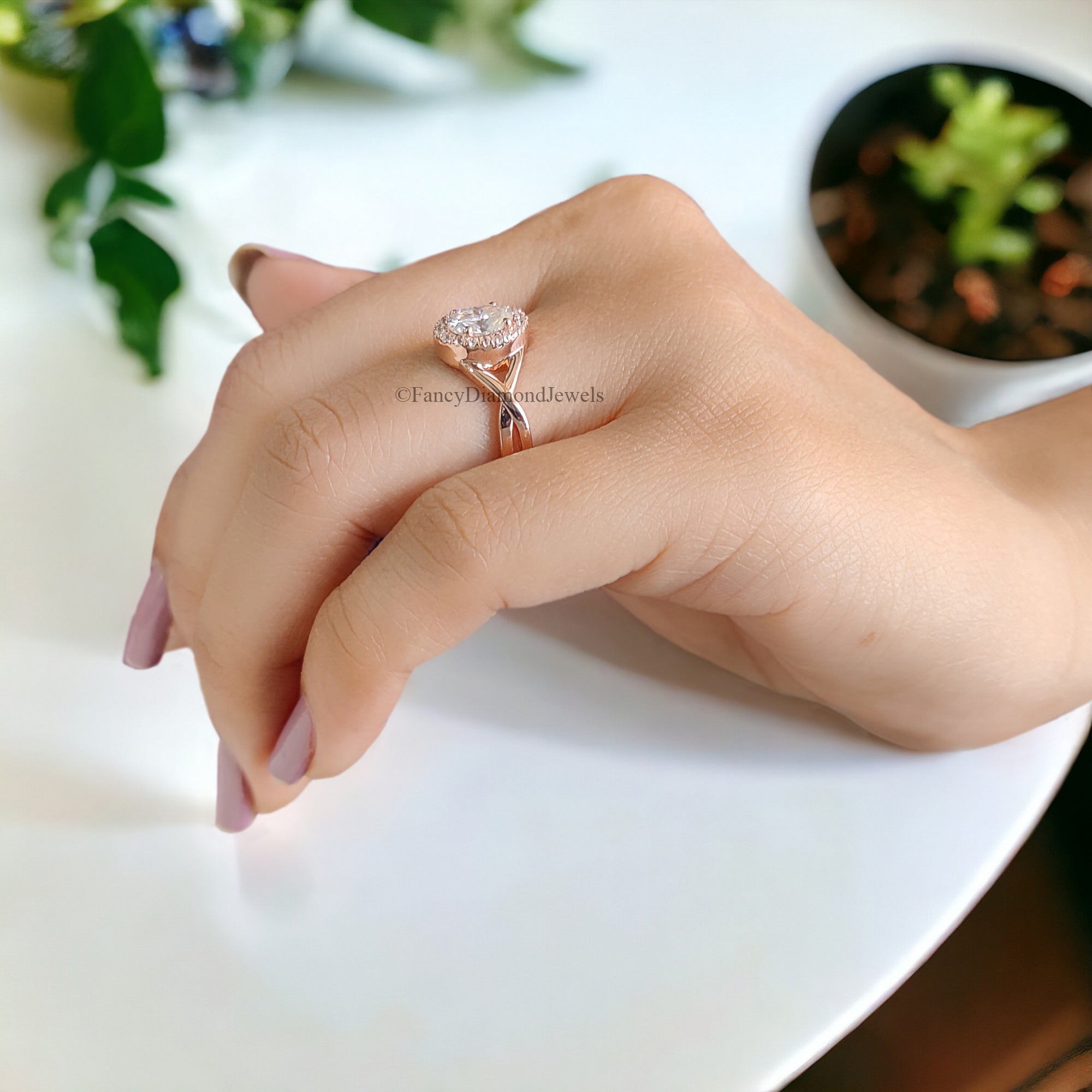 0.70 CT Oval Cut Moissanite Solitaire Ring 14K Rose Gold Engagement Ring Halo Setting Statement Ring Gift For Her Anniversary Ring FD96