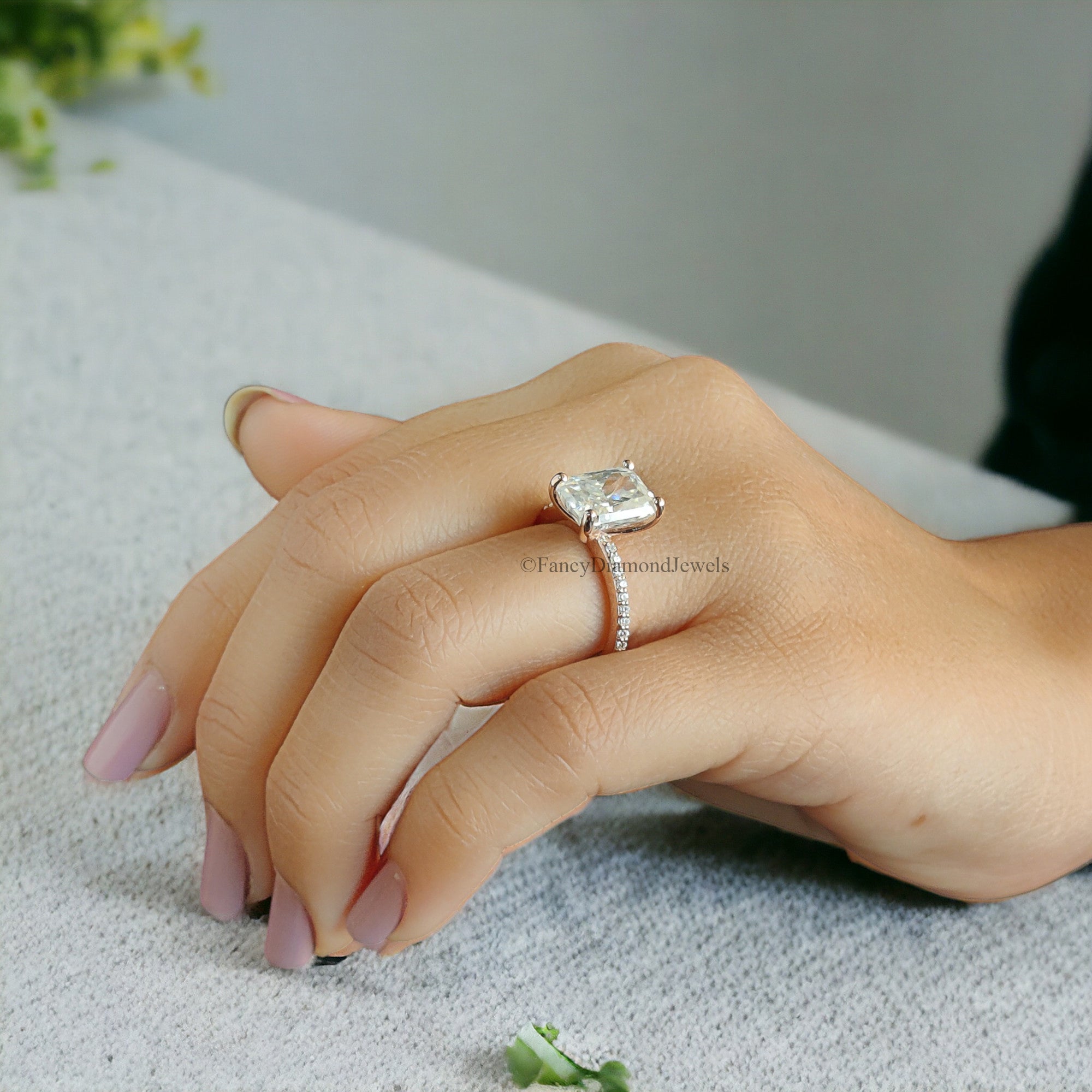 Radiant Cut Colorless Moissanite 3.90 TW Pave Setting Engagement Ring Wedding Ring 14K White Gold Moissanite Engagement Ring Bridal Set FD30