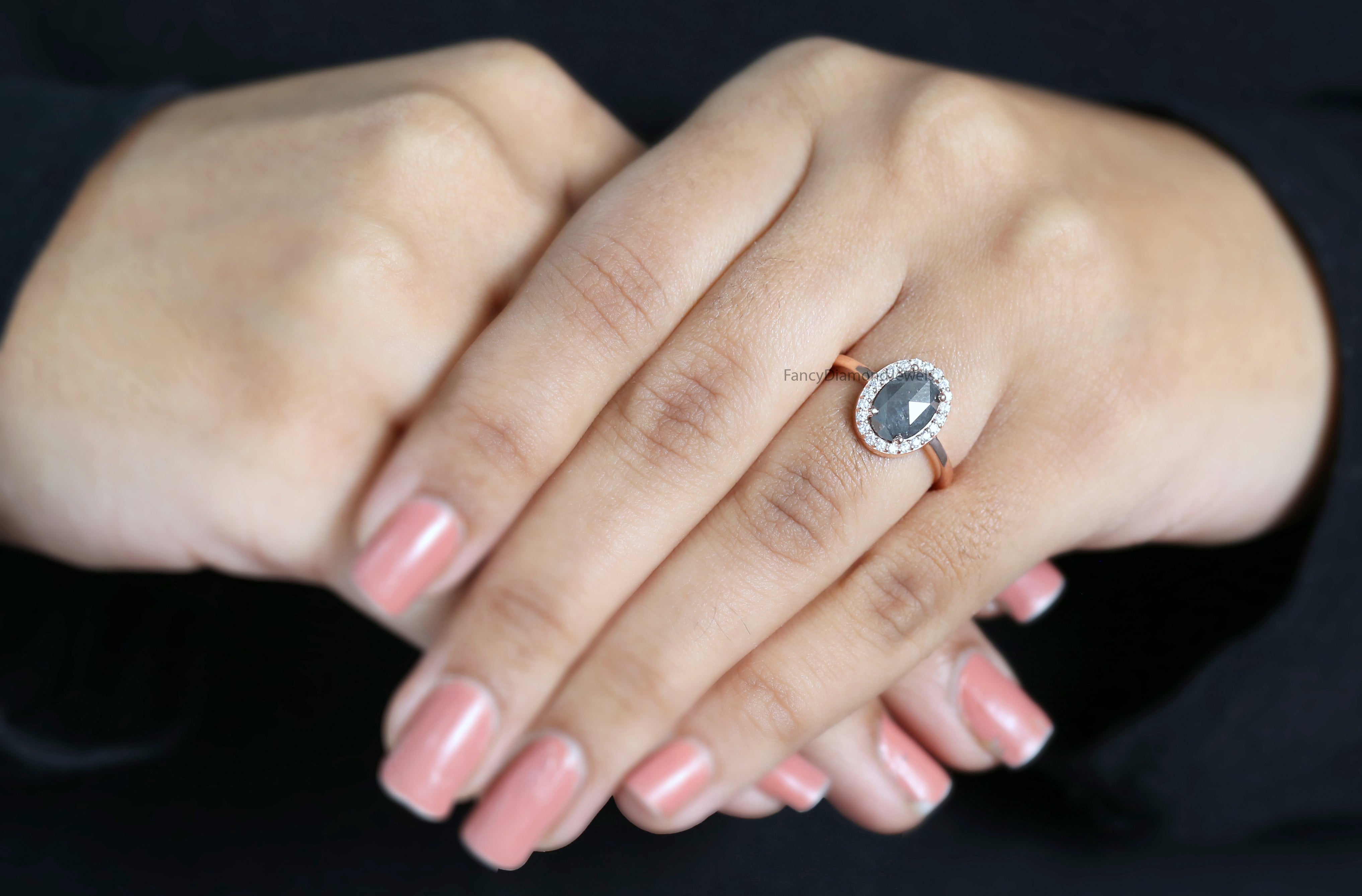 Oval Cut Salt And Pepper Diamond Ring 1.60 Ct 8.91 MM Oval Diamond Ring 14K Solid Rose Gold Silver Oval Engagement Ring Gift For Her QL2123