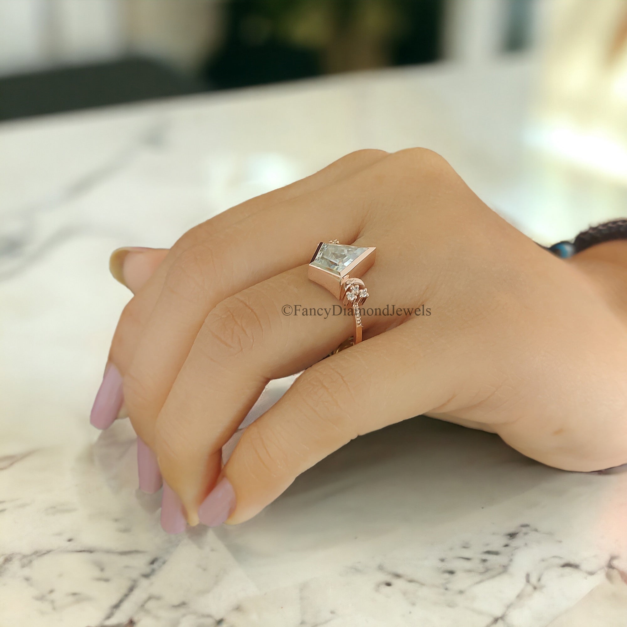Kite Cut Moissanite Bridal Ring Colorless Moissanite Wedding Ring Bezel Set Moissanite Proposal Ring Milgrain Work Engagement Ring FD51