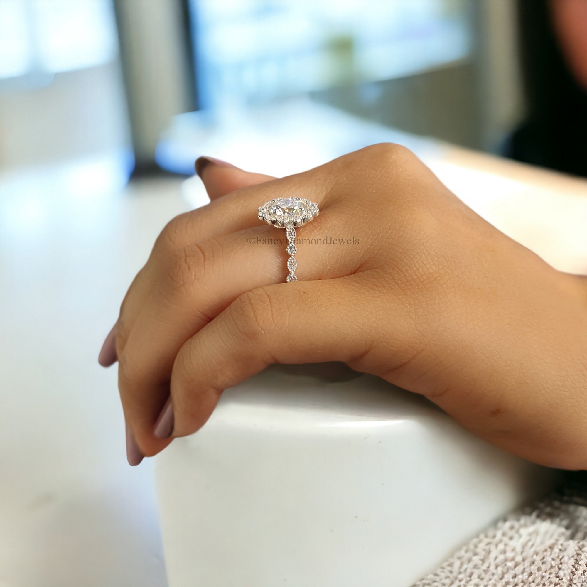 Round Cut Moissanite Engagement Ring Halo Milgrain Engagement Ring Handmade Jewelry White Gold Wedding Ring Surprise Gifts for Her FD124