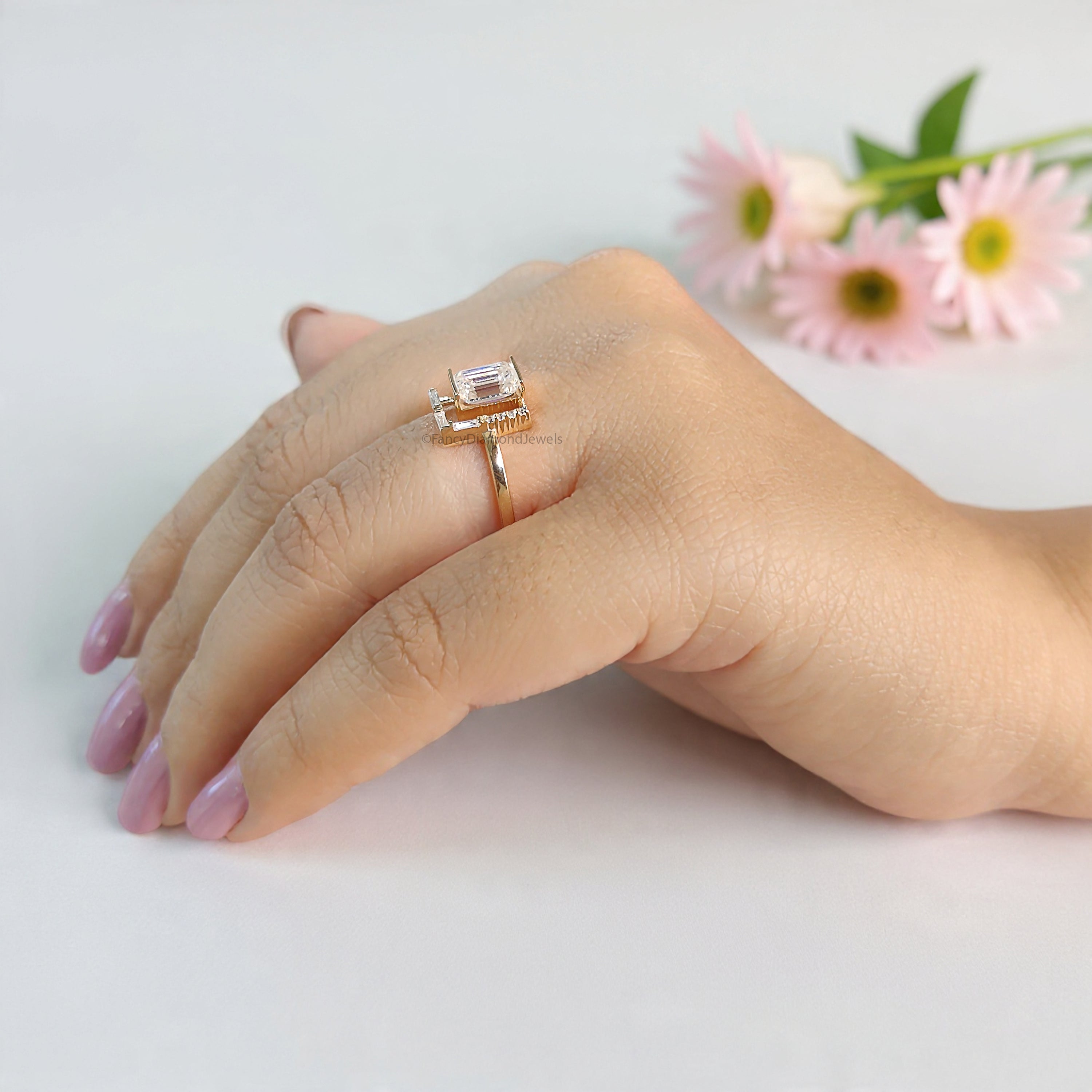 1.05 CT Emerald cut Lab Grown Baguette Diamond Engagement Ring Emerald Diamond Statement ring Half Bezel Set Emerald Ring for Her FD469