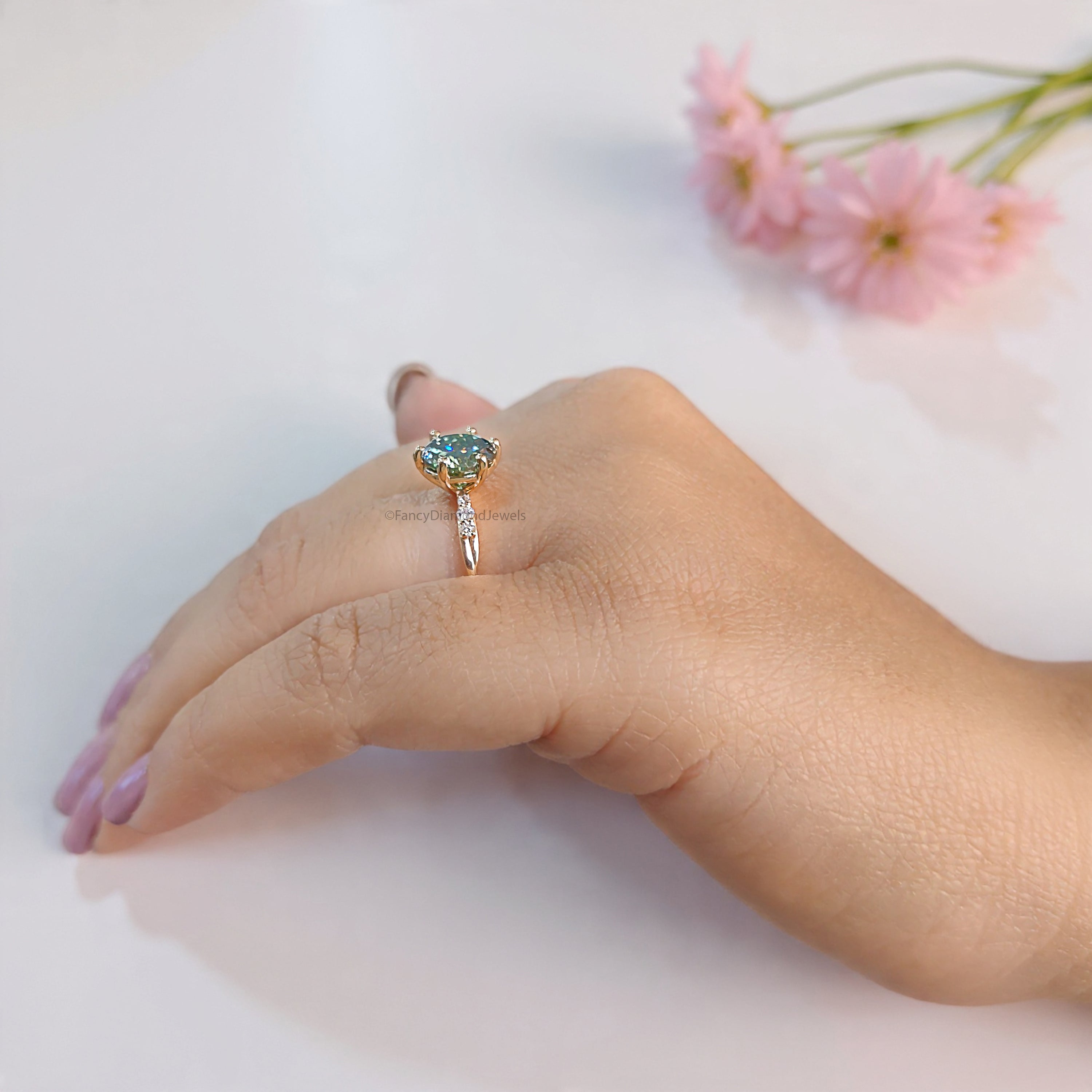 Round Portuguese Cut Blue Green Moissanite Engagement Ring Yellow Gold Ring Vintage Ring Crossover Band Wedding Ring Gift For Her FD475