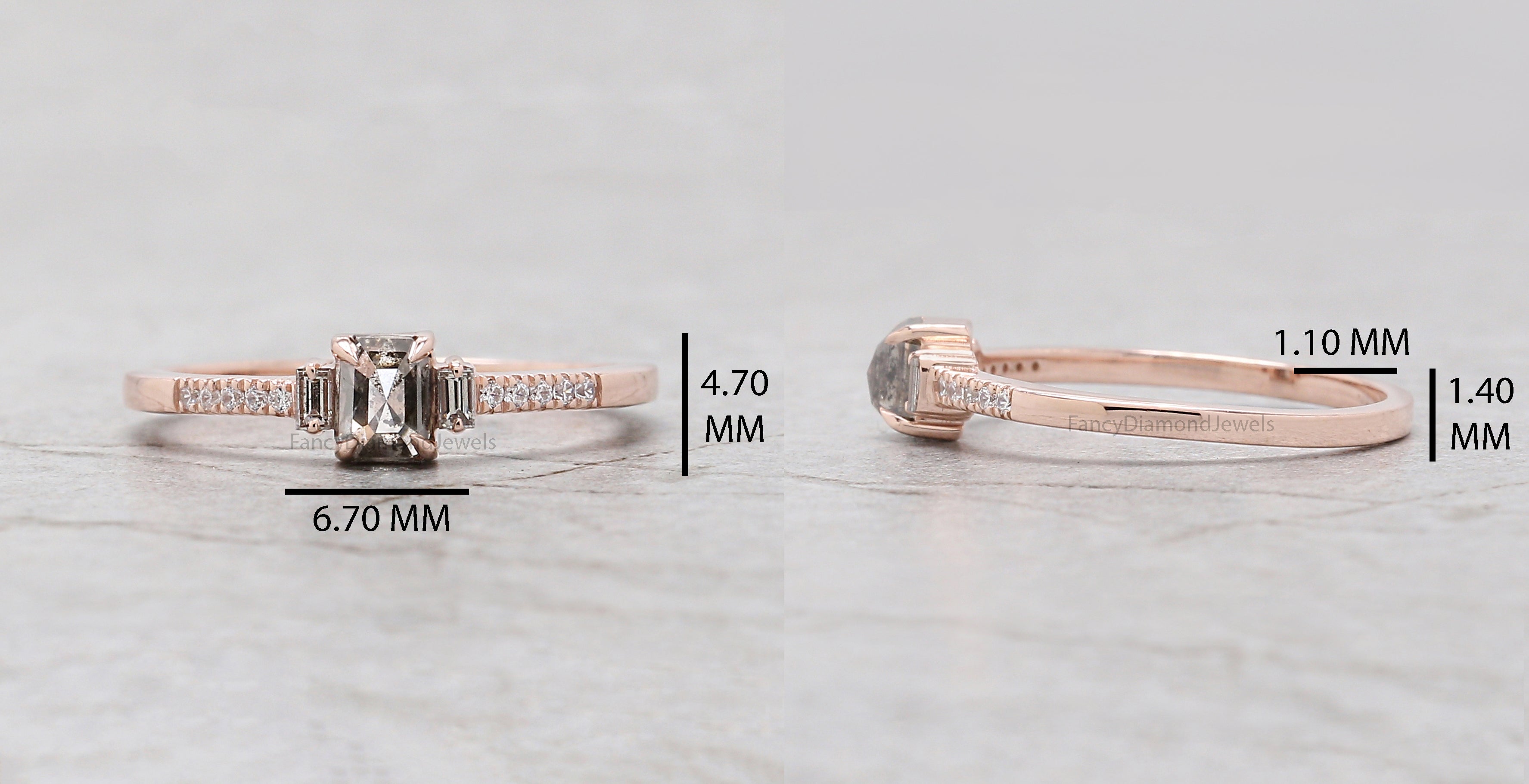 Emerald Cut Salt And Pepper Diamond Ring 0.39 Ct 4.55 MM Emerald Diamond Ring 14K Solid Rose Gold Silver Engagement Ring Gift For Her QL239