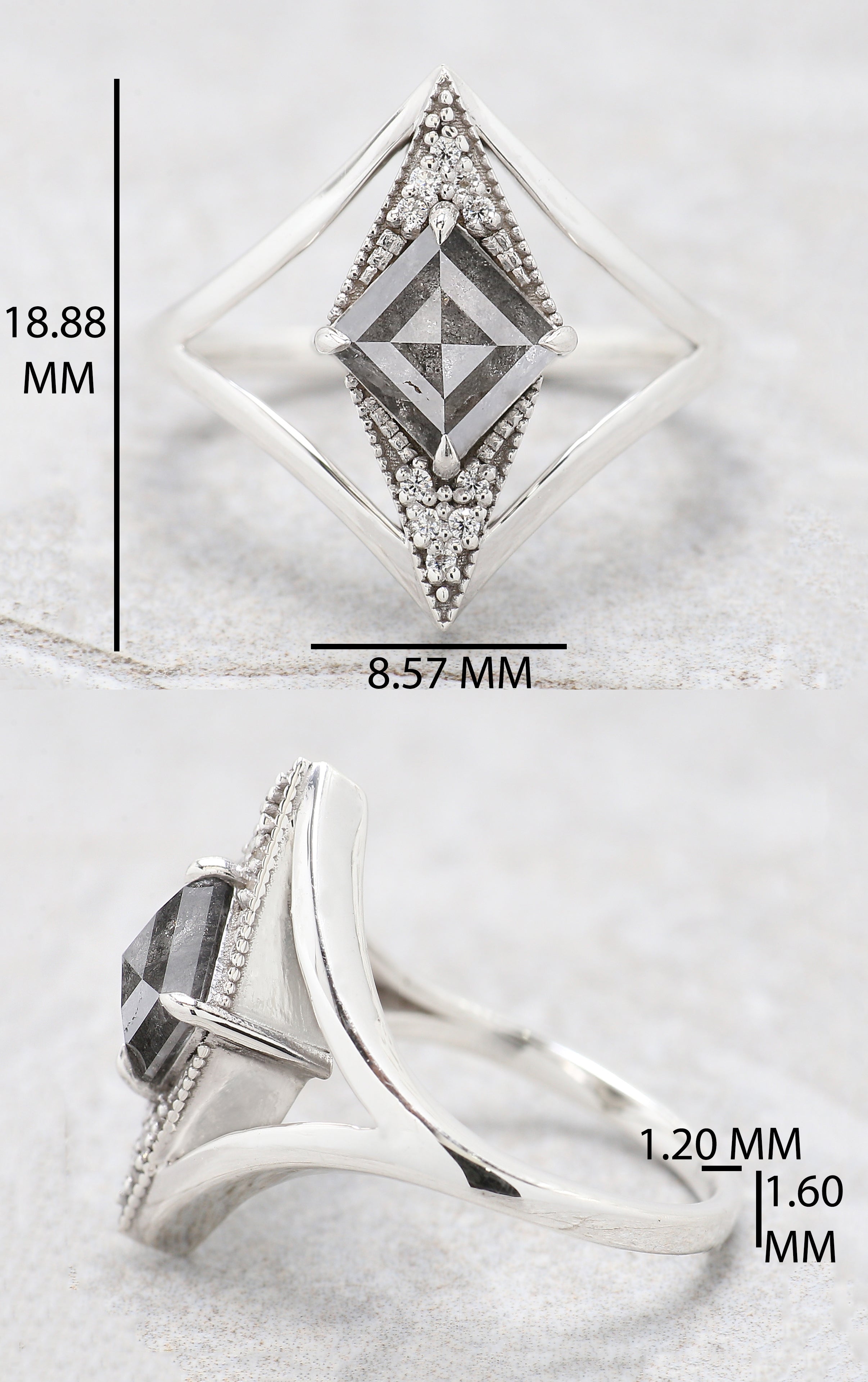 Kite Cut Salt And Pepper Diamond Ring 0.97 Ct 8.09 MM Kite Diamond Ring 14K Solid Rose Gold Silver Kite Engagement Ring Gift For Her QL2199