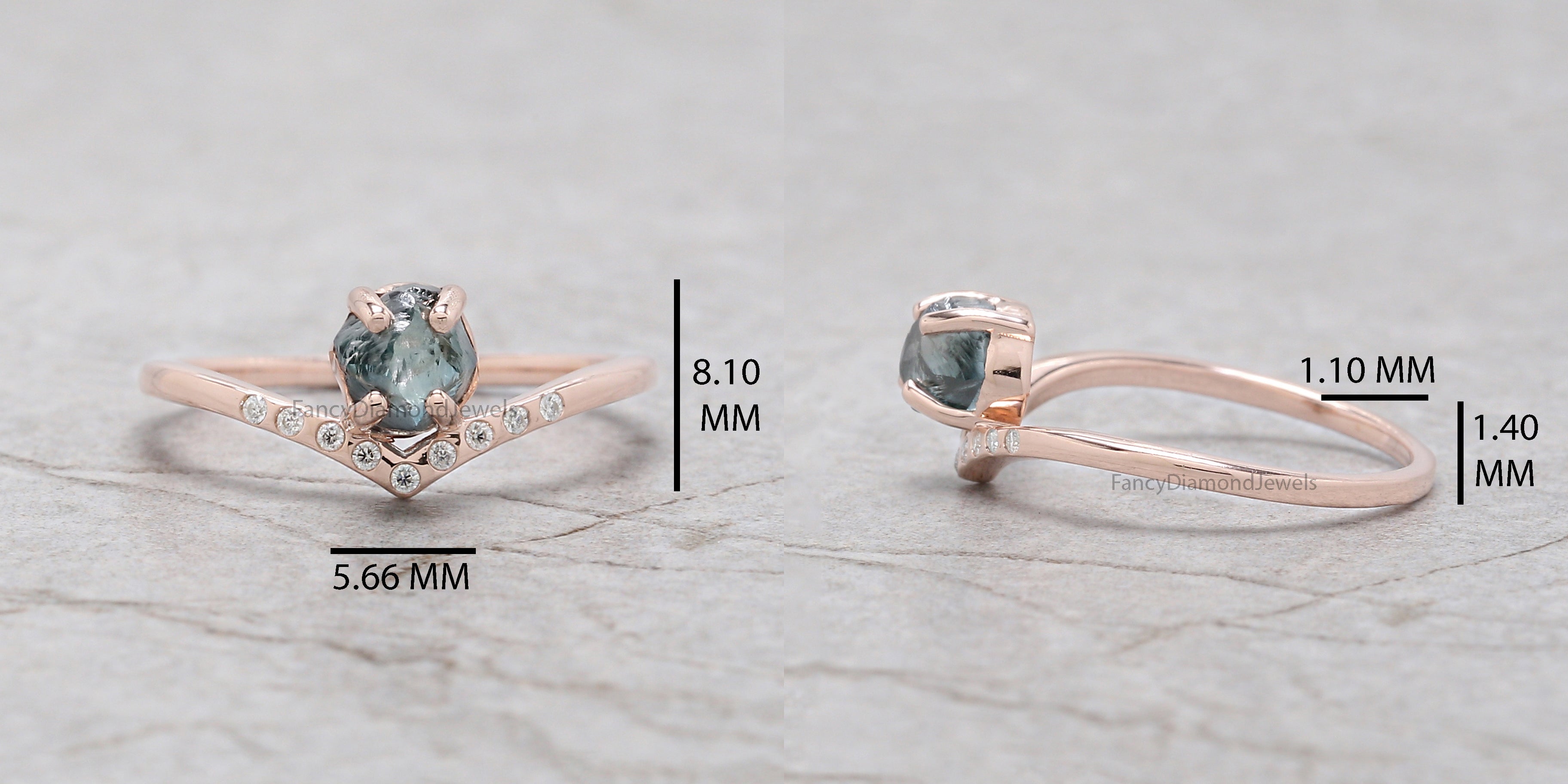 0.97 Ct Natural Rough Cut Blue Color Diamond Ring 5.65 MM Crystal Rough Diamond Ring 14K Solid Rose Gold Silver Engagement Ring QL2347