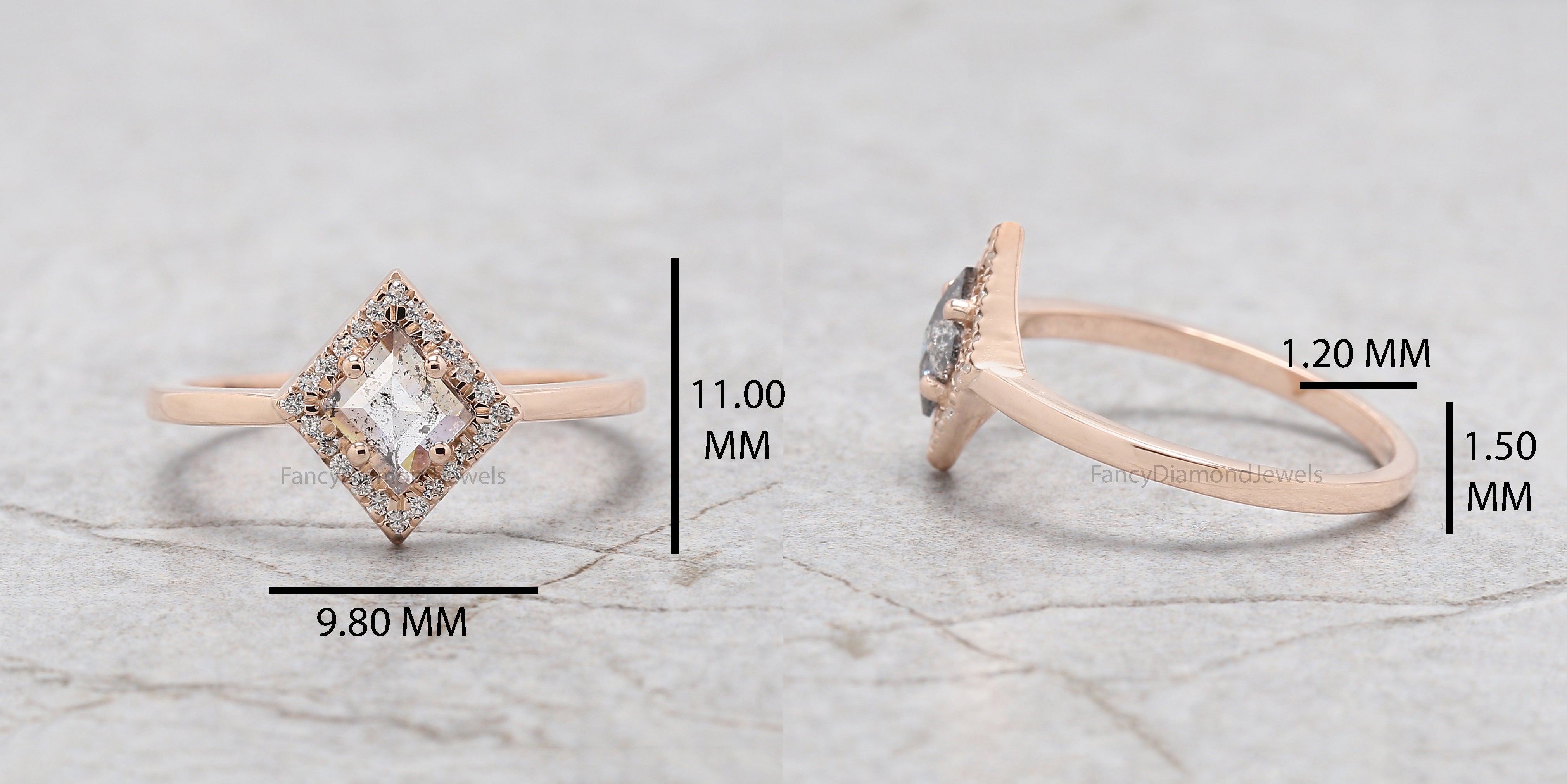 Kite Salt And Pepper Diamond Ring, Natural Kite Diamond Ring, Kite Diamond Engagement Ring, Kite Halo Diamond Ring, Kite Cut Ring KD1124
