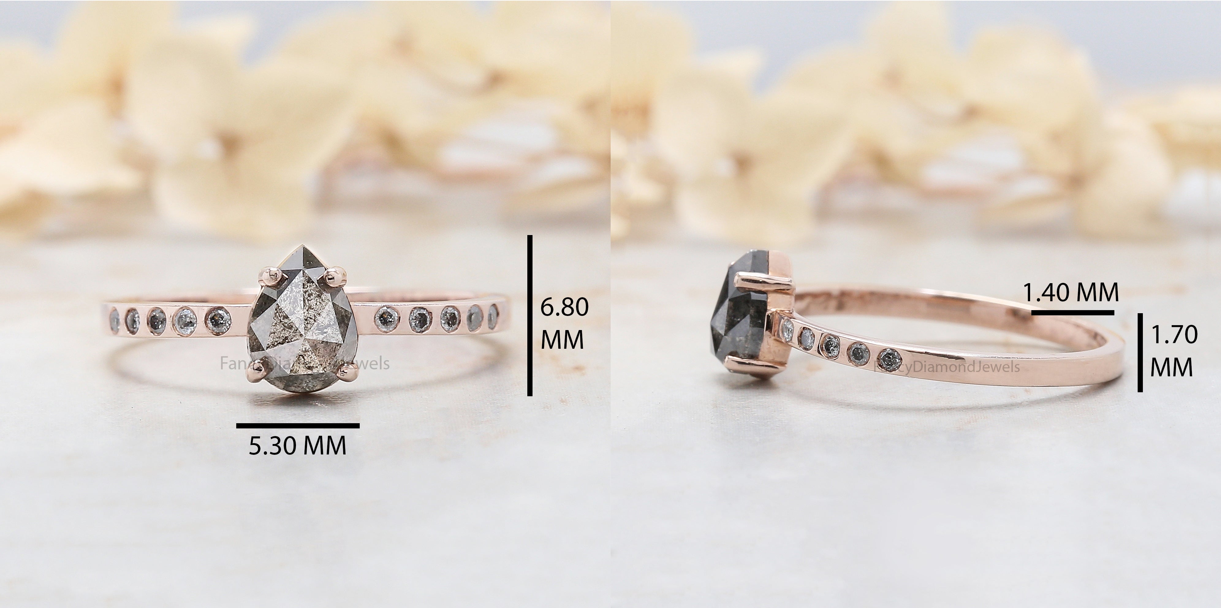 Pear Cut Salt And Pepper Diamond Ring 0.91 Ct 6.90 MM Pear Diamond Ring 14K Solid Rose Gold Silver Pear Engagement Ring Gift For Her QL3095