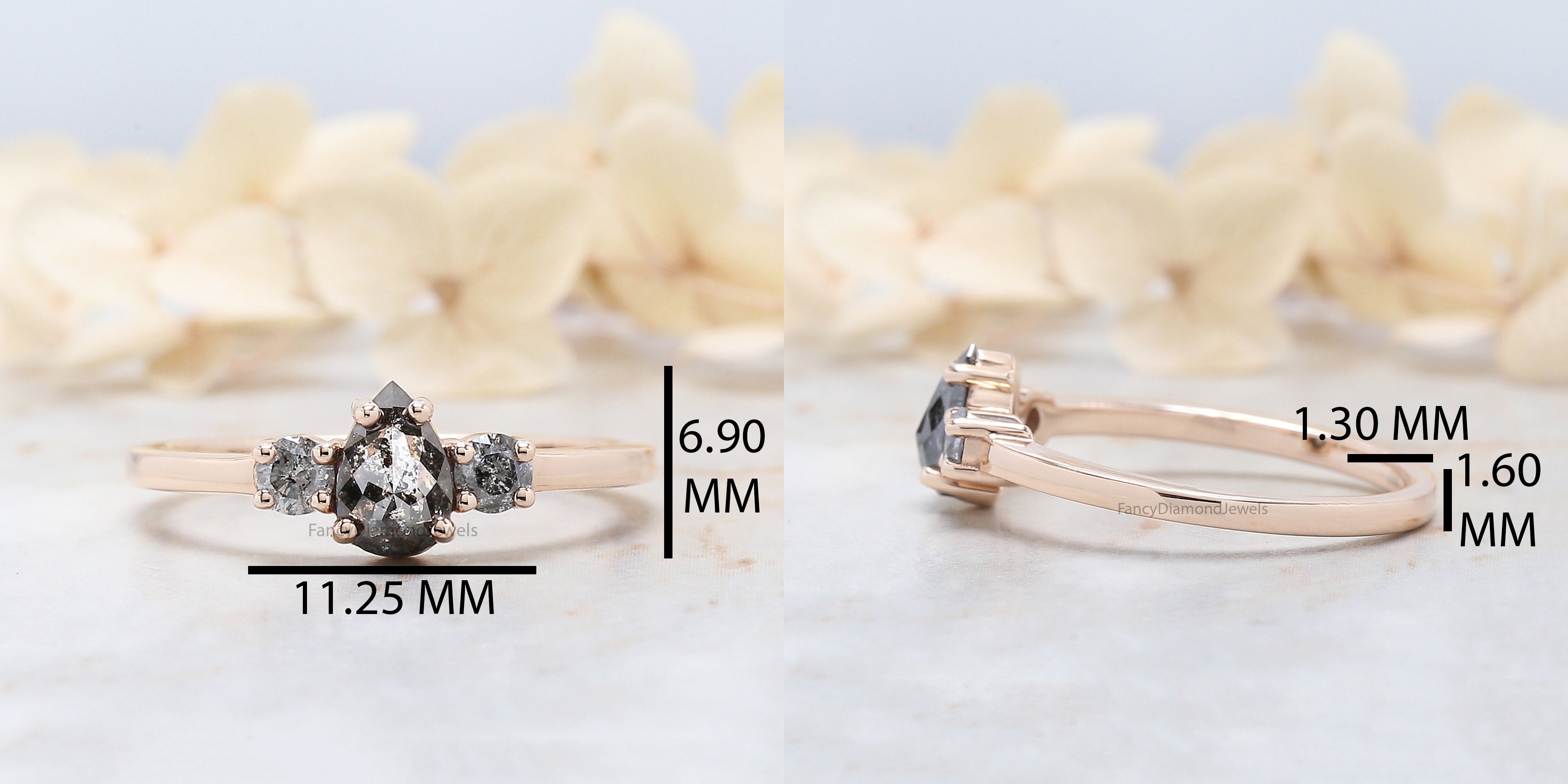 Pear Cut Salt And Pepper Diamond Ring 0.62 Ct 6.67 MM Pear Diamond Ring 14K Solid Rose Gold Silver Pear Engagement Ring Gift For Her QL3026