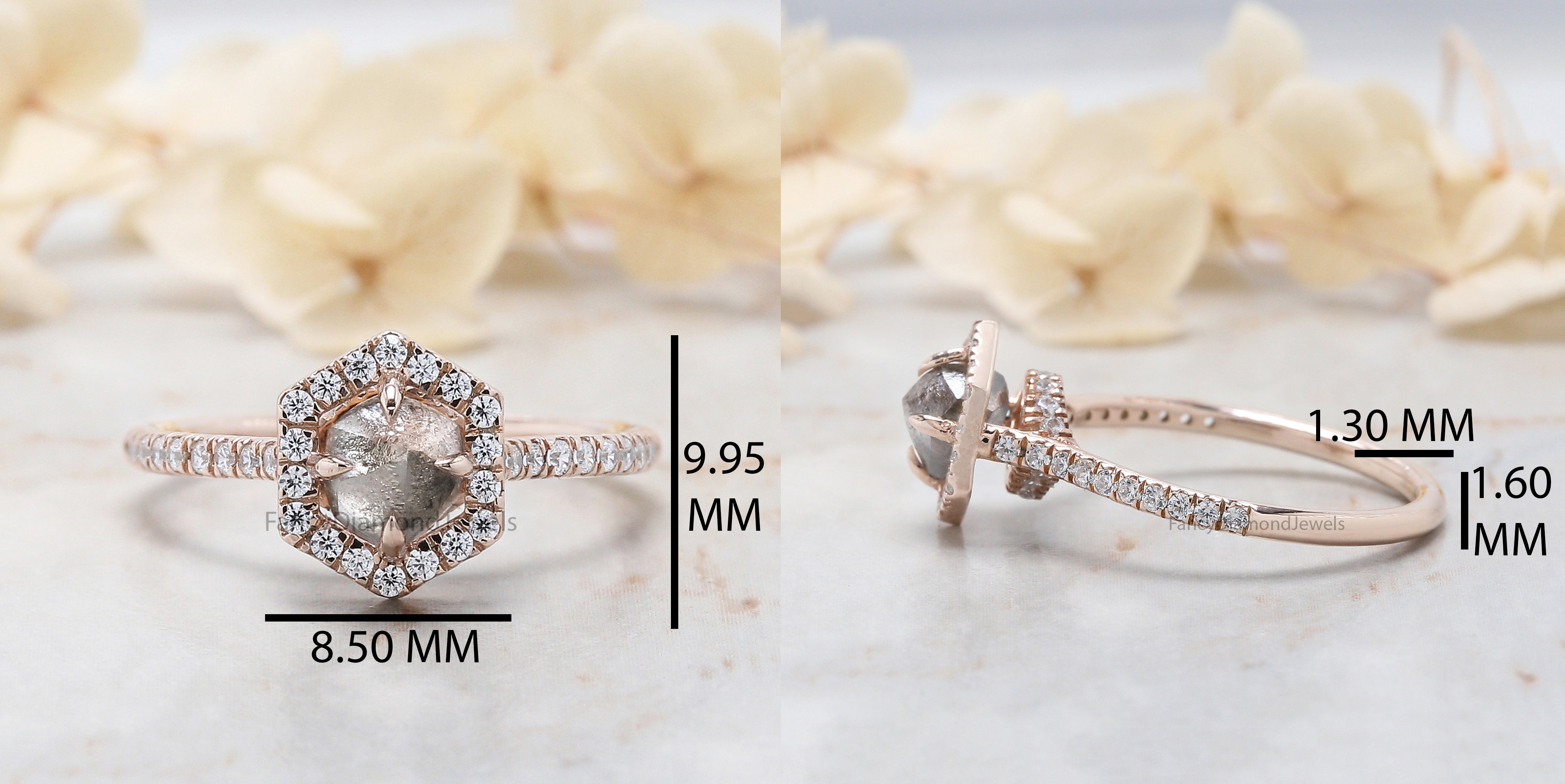 1.15 Ct Natural Rough Salt And Pepper Diamond Ring 6.00 MM Rough Diamond Ring 14K Solid Rose Gold Silver Engagement Ring Halo Ring QN2523