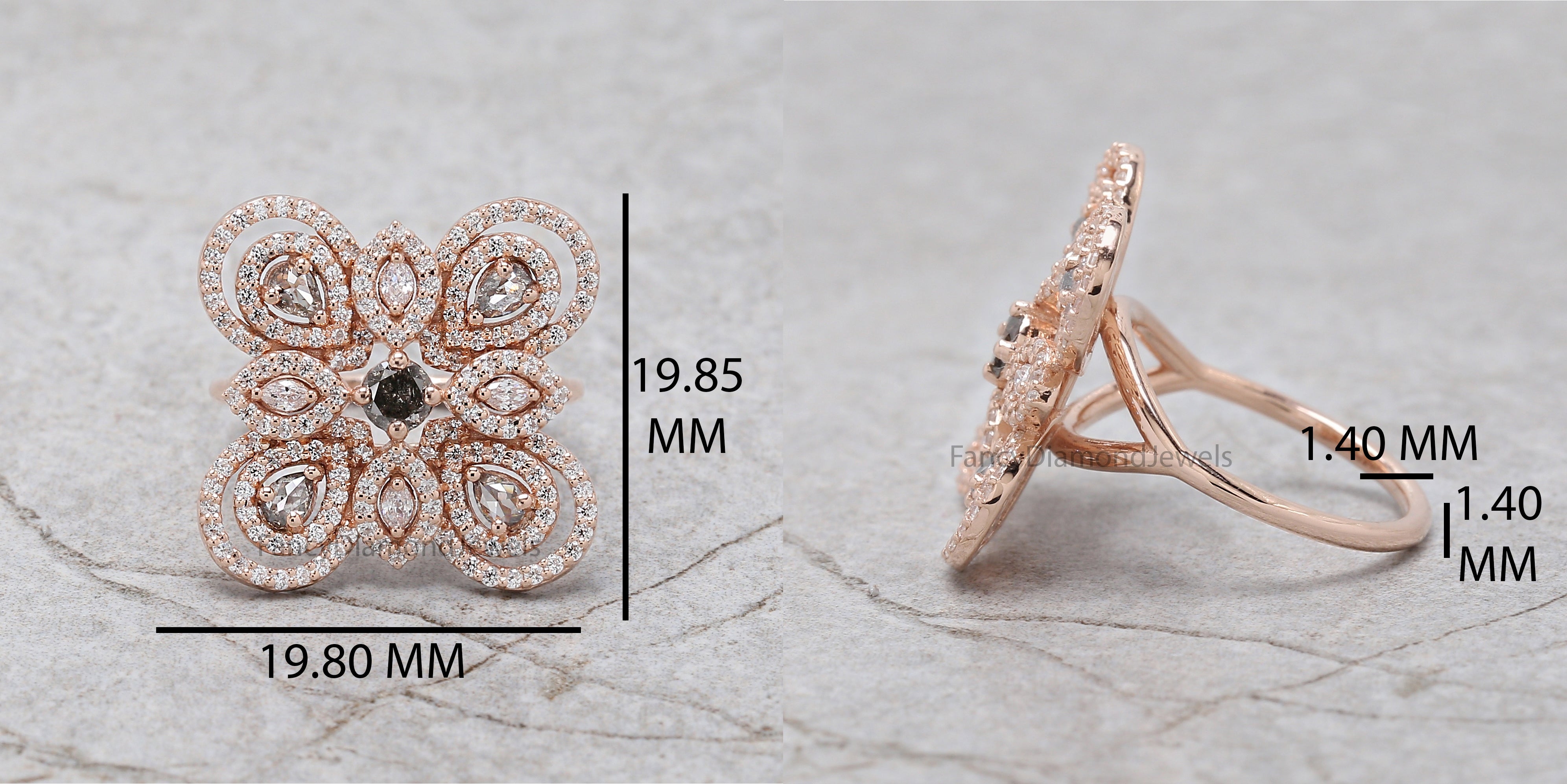 Round salt and pepper Diamond Ring, Salt and pepper Pear Diamond Engagement Ring, Marquise Cut Natural Diamond Ring, Round Shape Ring KD1173