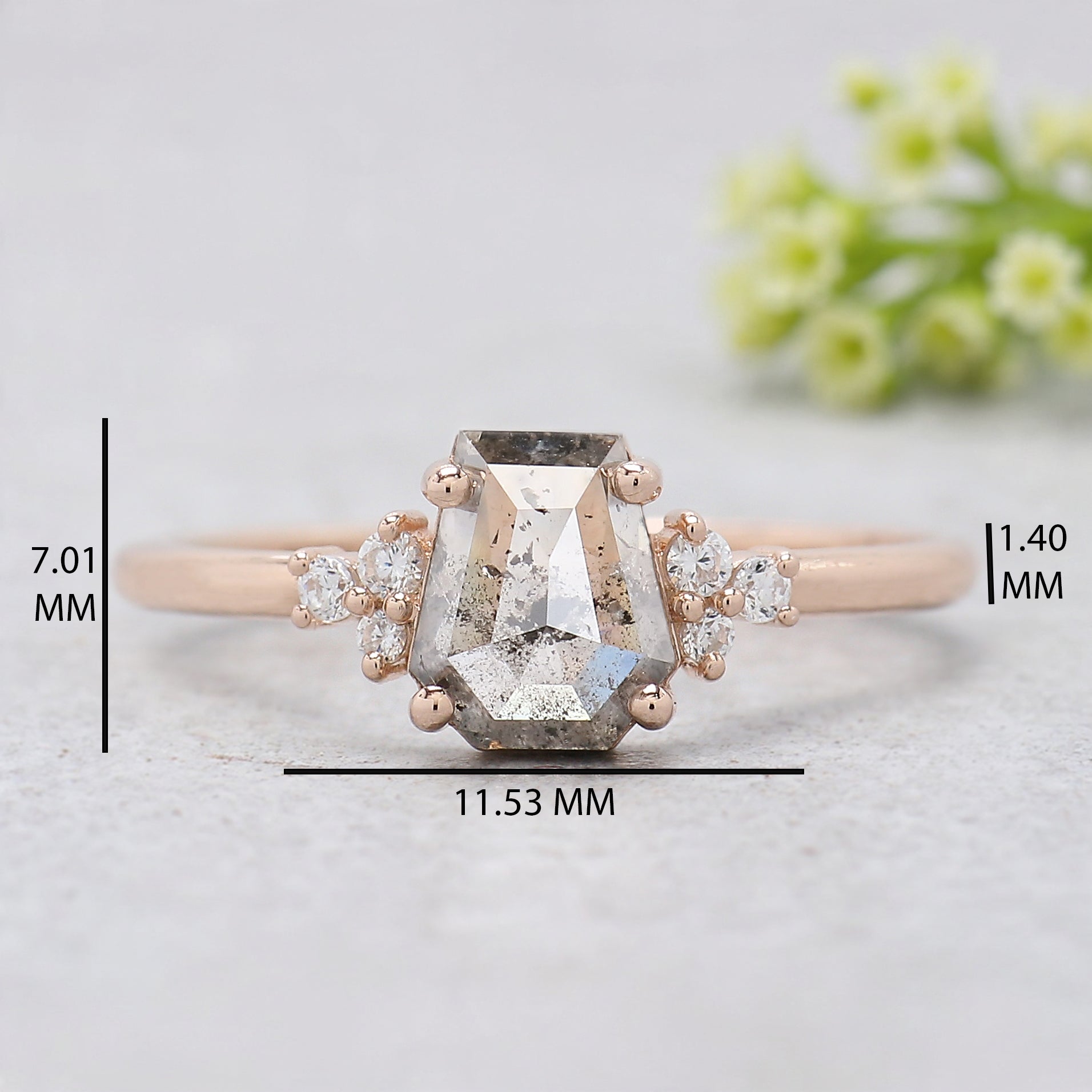 Coffin Cut Salt And Pepper Diamond Ring 1.11 Ct 6.80 MM Coffin Diamond Ring 14K Solid Rose Gold Silver Engagement Ring Gift For Her KDK2178