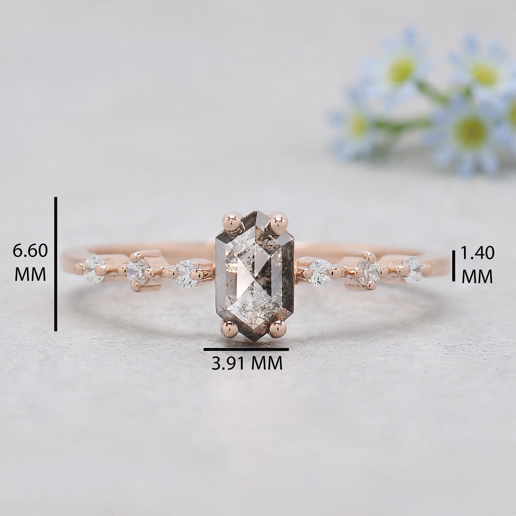 Hexagon Cut Salt And Pepper Diamond Ring 0.48 Ct 6.38 MM Hexagon Cut Diamond Ring 14K Rose Gold Silver Engagement Ring Gift For Her KDL2472