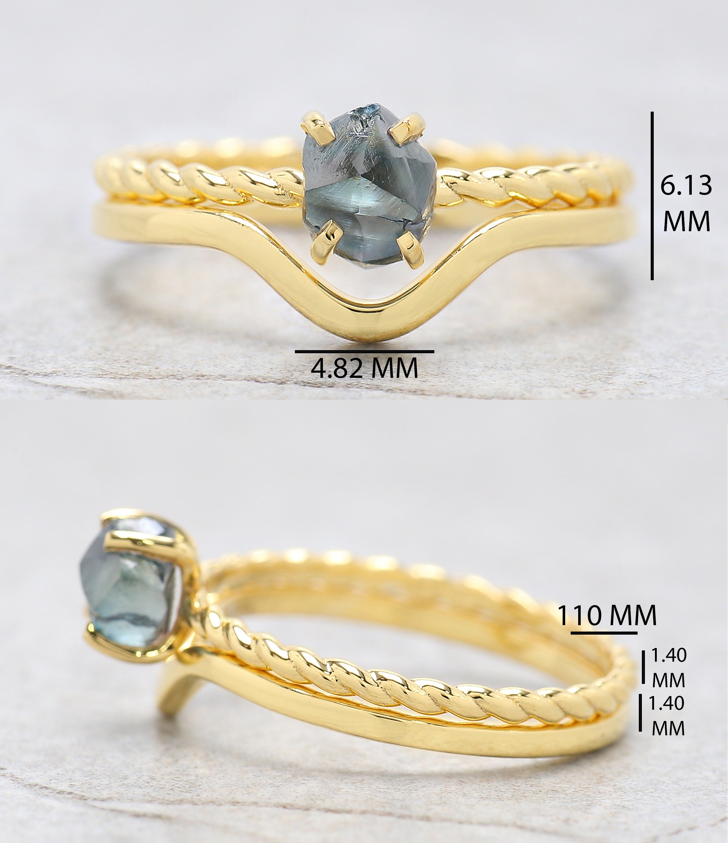 Rough Blue Color Diamond Ring 0.98 Ct 5.75 MM Crystal Rough Diamond Ring 14K Solid Yellow Gold Silver Engagement Ring Gift For Her KDL2326