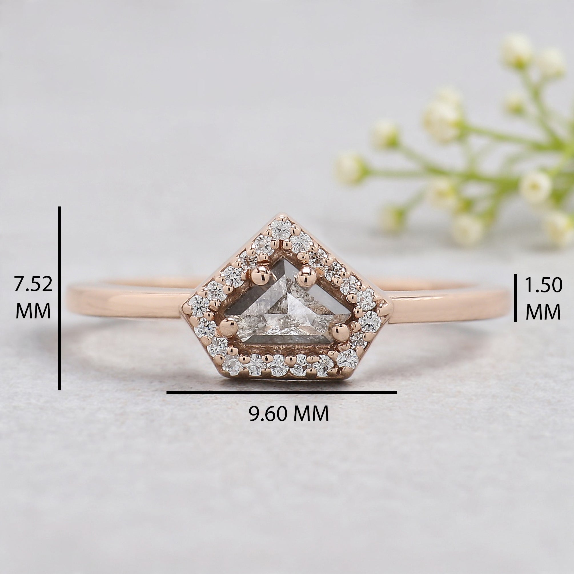 Shield salt and pepper Diamond Ring, Salt and pepper Shield Diamond Engagement Ring, Shield Diamond Ring, Halo Ring, Shield Ring, KD1122