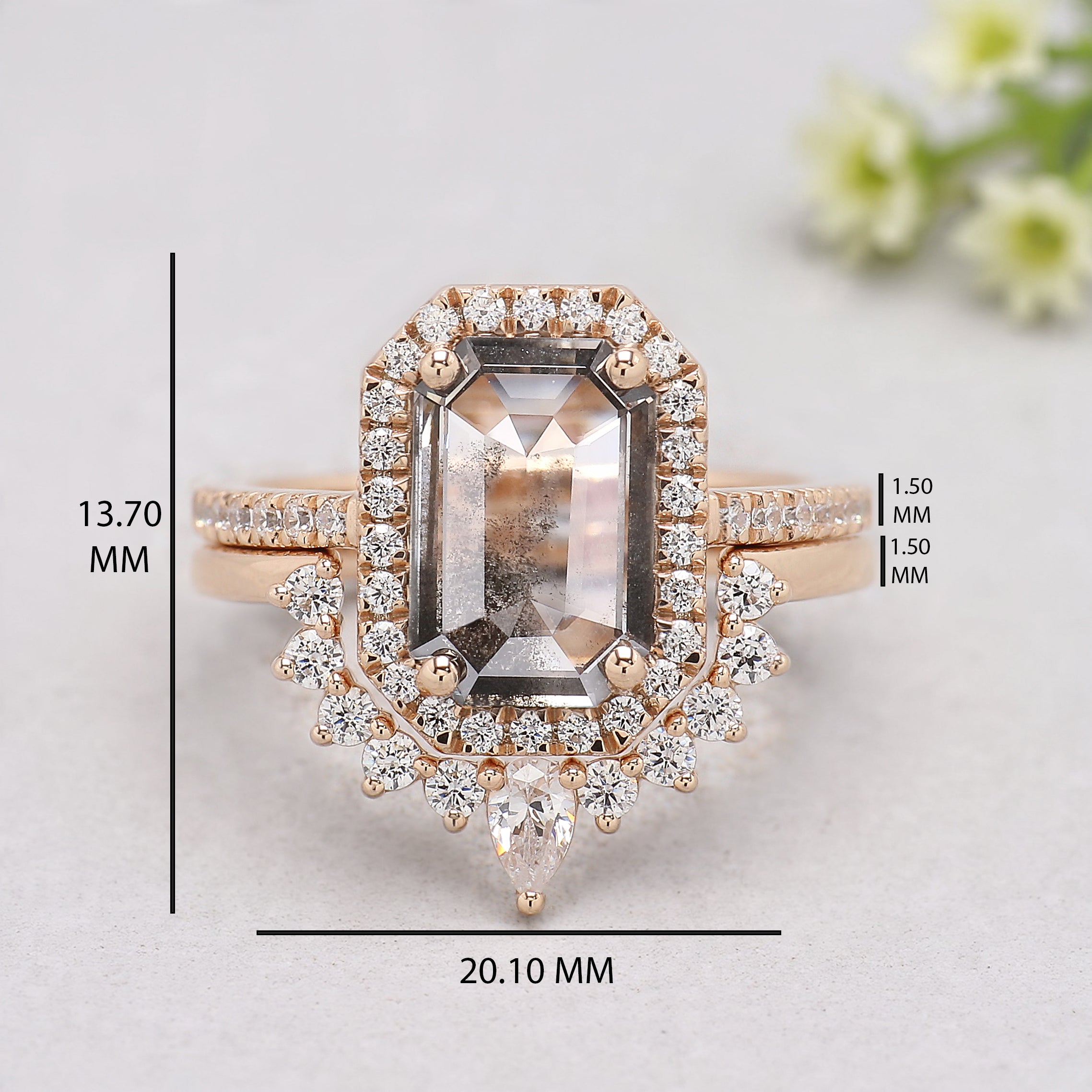 1.70 CT Emerald Lab Grown Diamond Ring Emerald Fancy Black Grey Salt And Pepper Diamond Ring Engagement Ring Bridal Wedding Ring Set KDL3522