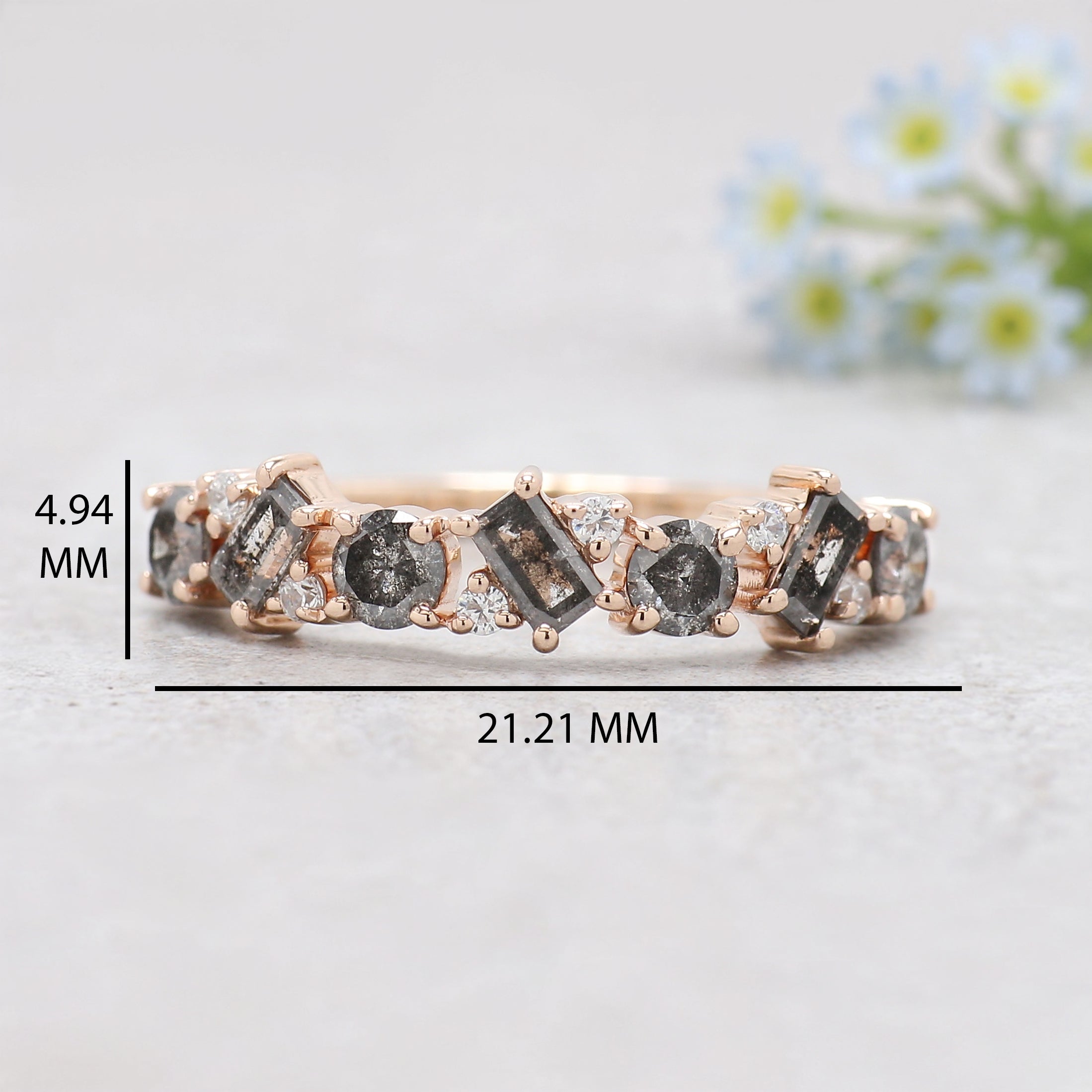 Round & Baguette Salt and Pepper Diamond Band, Half Eternity Wedding Ring in Solid Gold or Silver, Unique Anniversary Gift for Her FD549