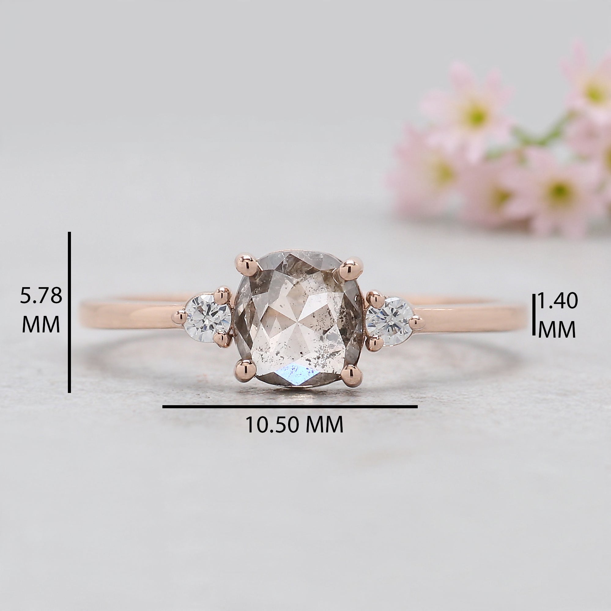 Cushion Cut Salt and Pepper Diamond Ring Natural Diamond Engagement Ring 14K Rose Gold Silver Rustic Unique Bridal Ring Gift for Her KDL533