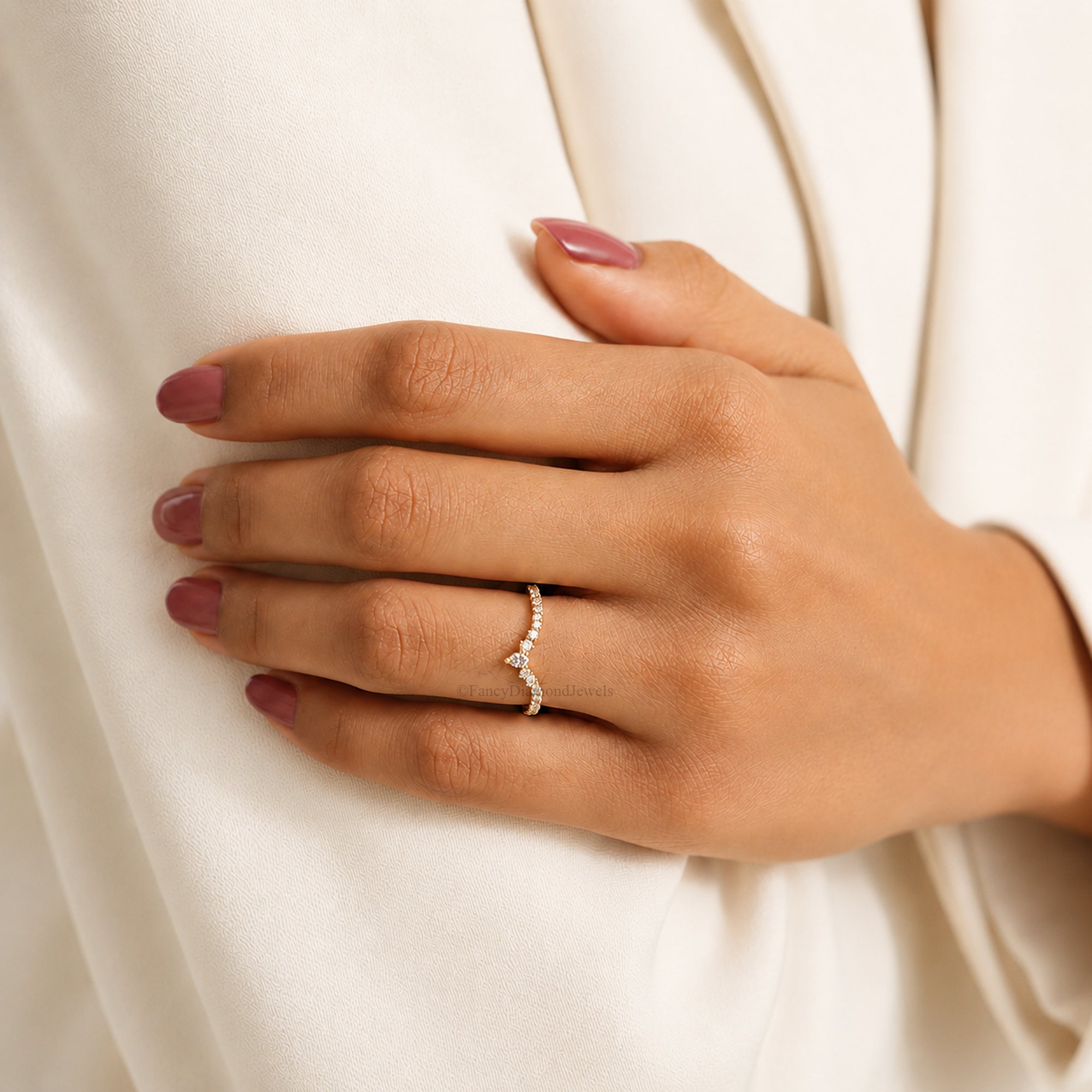 V Shaped Chevron Wedding Band, Pear and Round Lab Grown Diamond Band, Half Eternity Stackable Band, Curved Band, Anniversary Gifts FD582