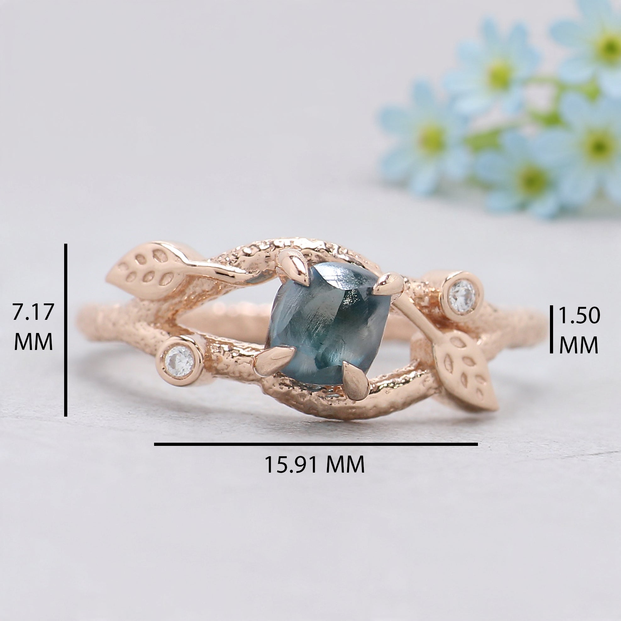 Rough Blue Color Diamond Ring 0.81 Ct 5.45 MM Crystal Rough Diamond Ring 14K Solid Rose Gold Silver Engagement Ring Gift For Her QL2228
