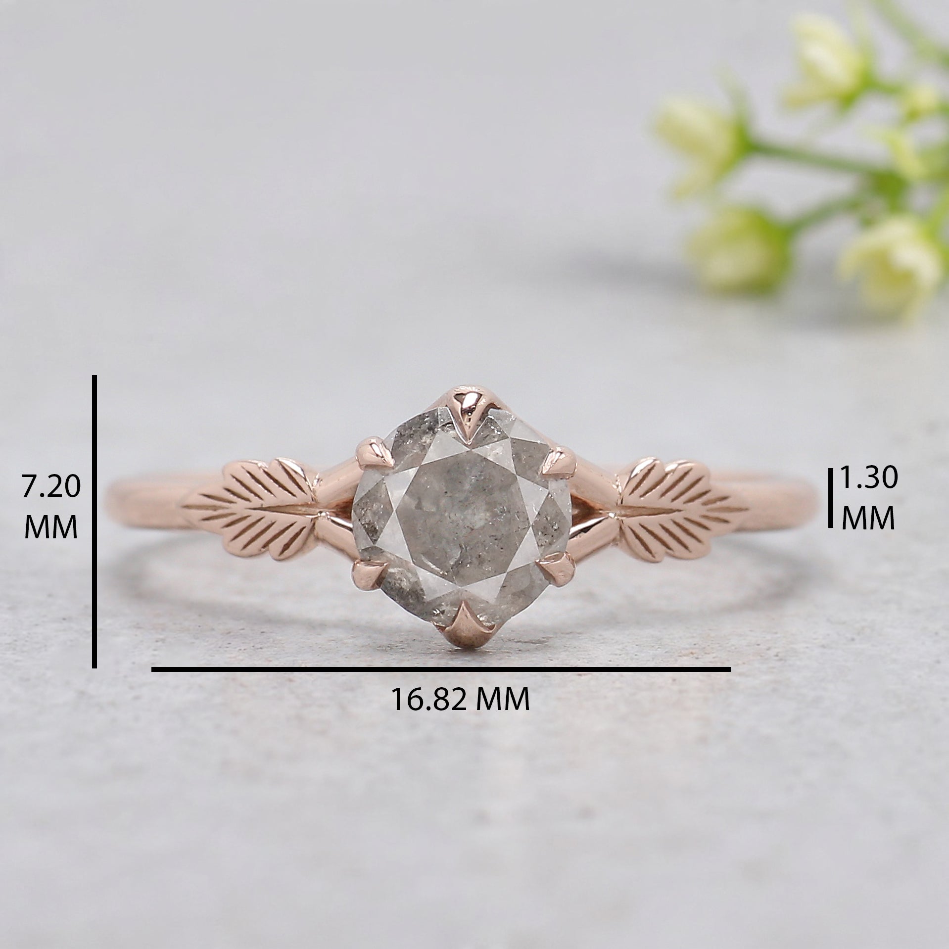 0.87 Ct Natural Round Shape Grey Color Diamond Ring 5.60 MM Round Cut Diamond Ring 14K Rose Gold Silver Engagement Ring Gift For Her KDN8944